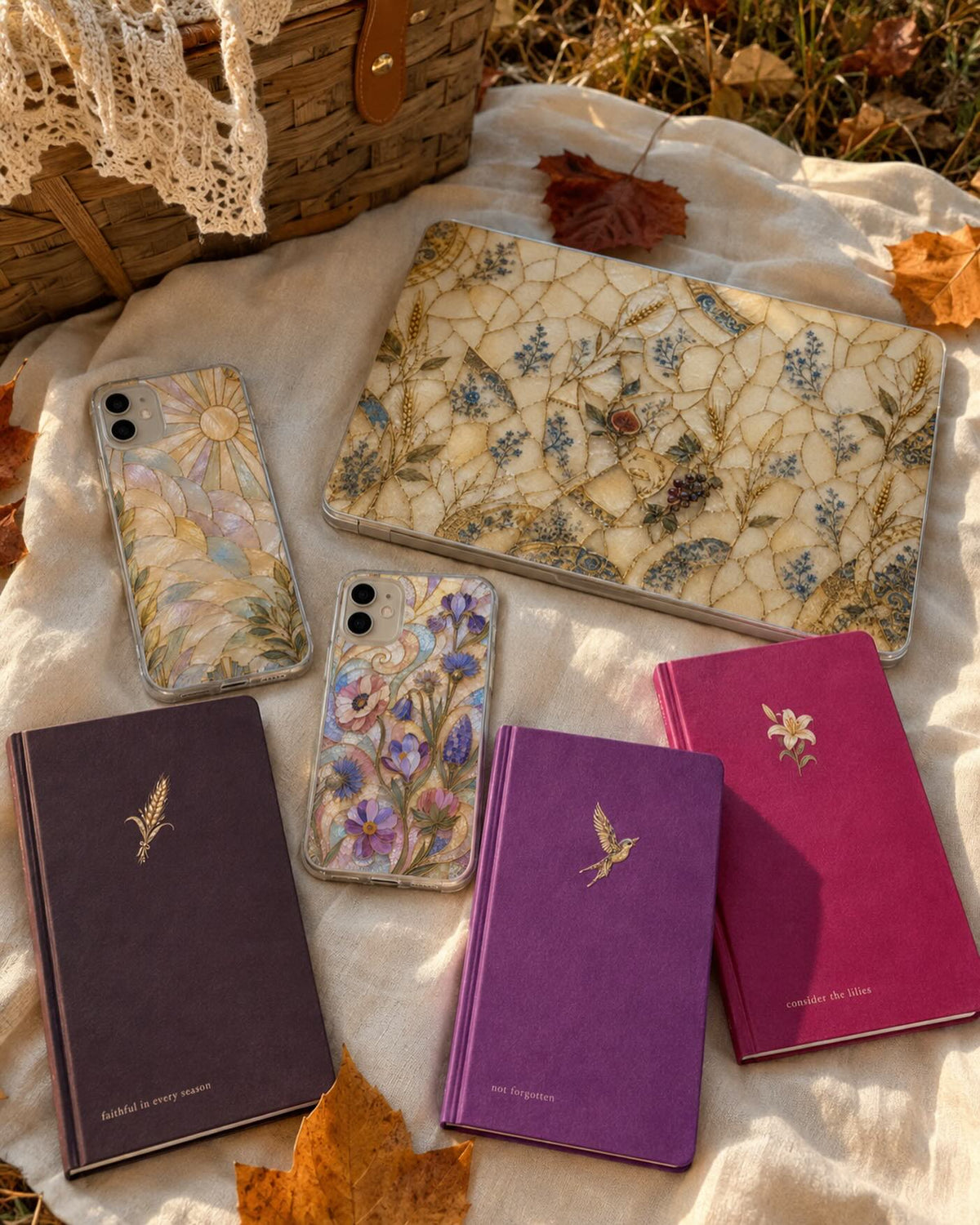 A styled flat-lay of floral and botanical-themed accessories on a white blanket outdoors, including two patterned phone cases, a matching patterned tablet sleeve, two purple hardcover notebooks, and one magenta notebook.