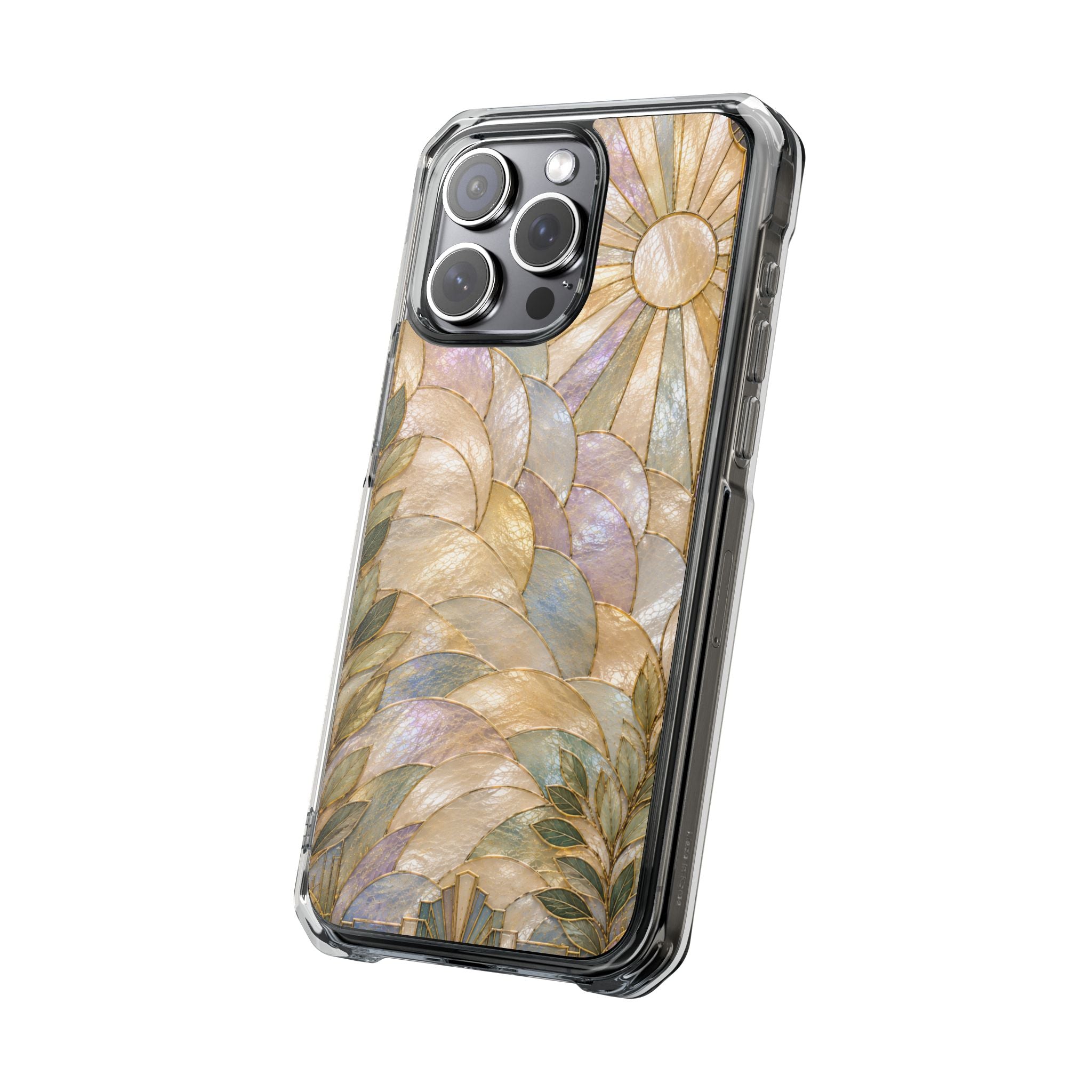 Clear MagSafe Phone Case — Pastel Stained-Glass Sun & Leaves
