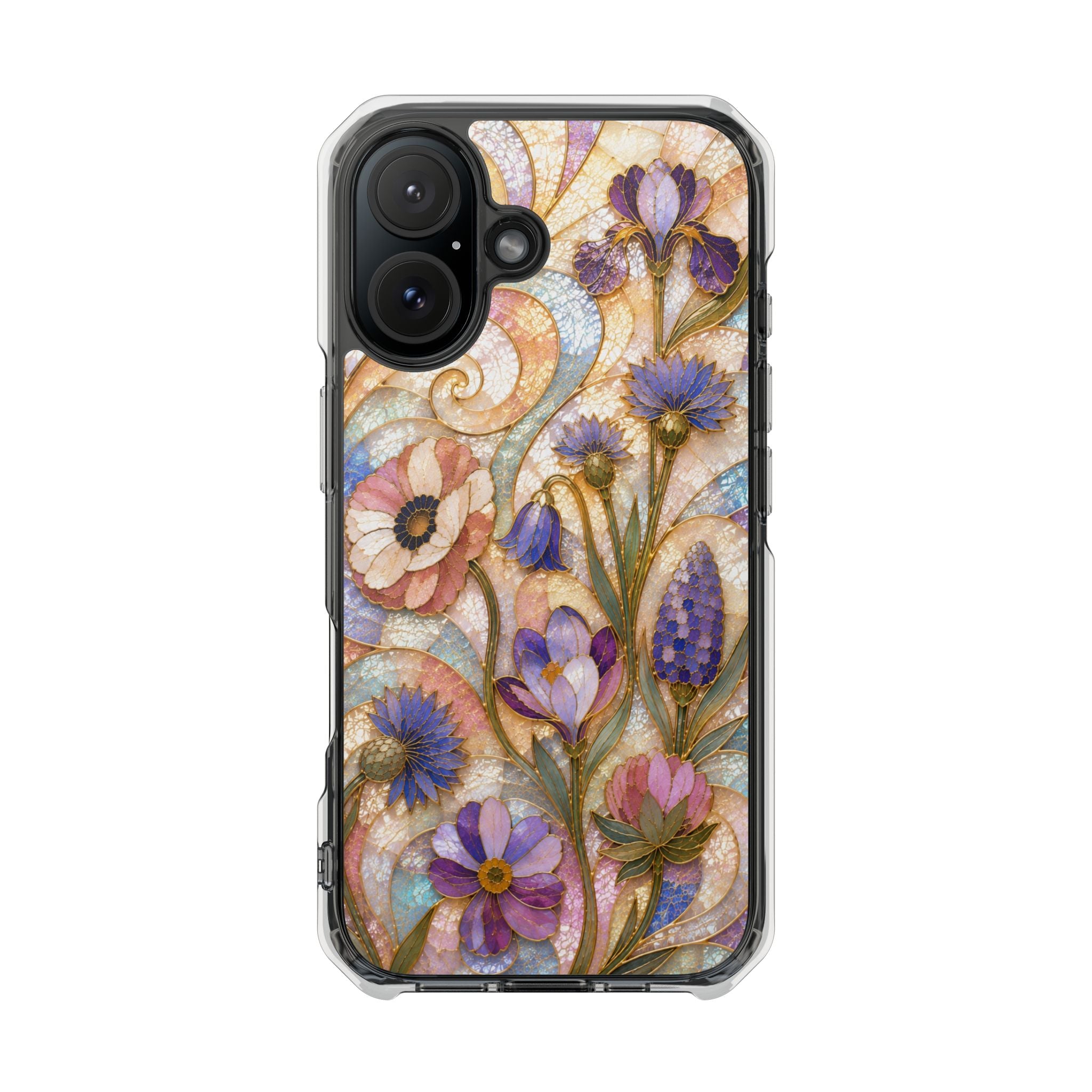 Floral Stained Glass Clear Magnetic Phone Case — Purple Wildflower Design