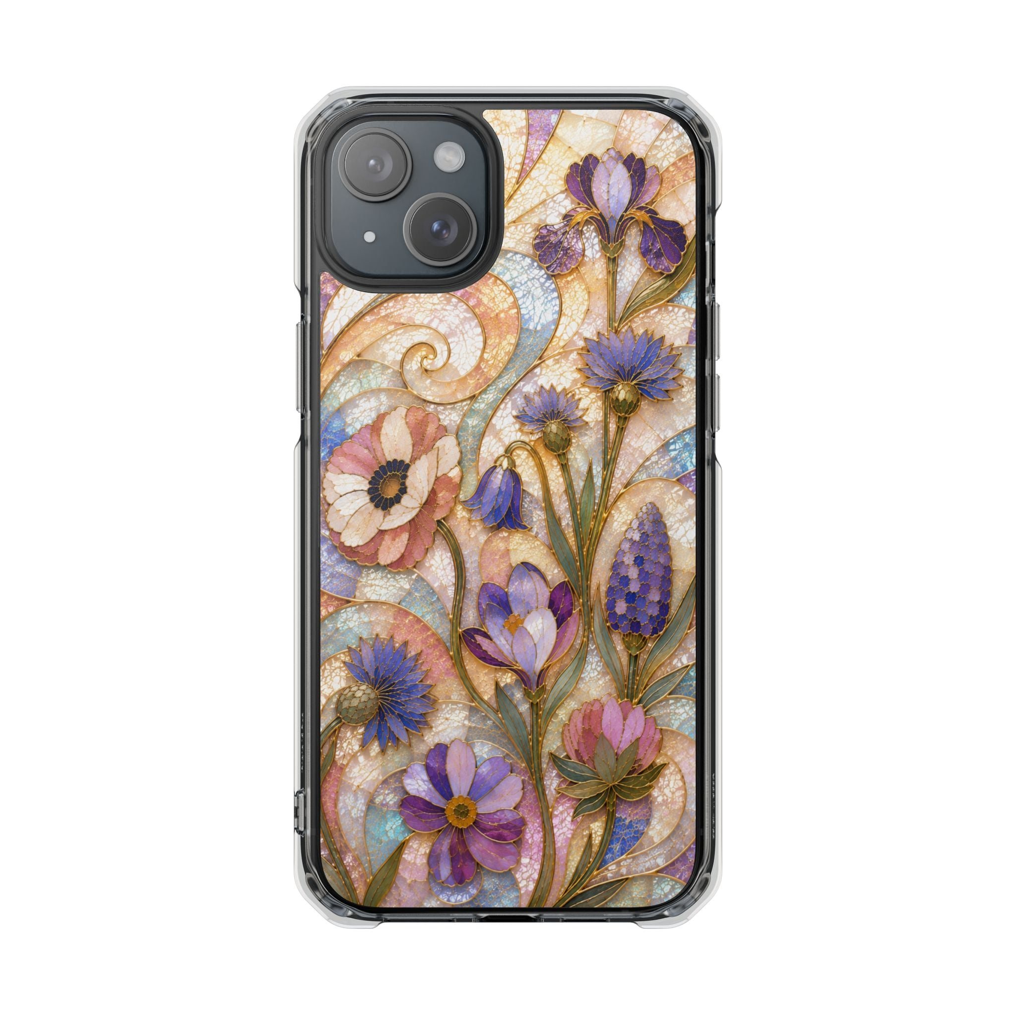 Floral Stained Glass Clear Magnetic Phone Case — Purple Wildflower Design