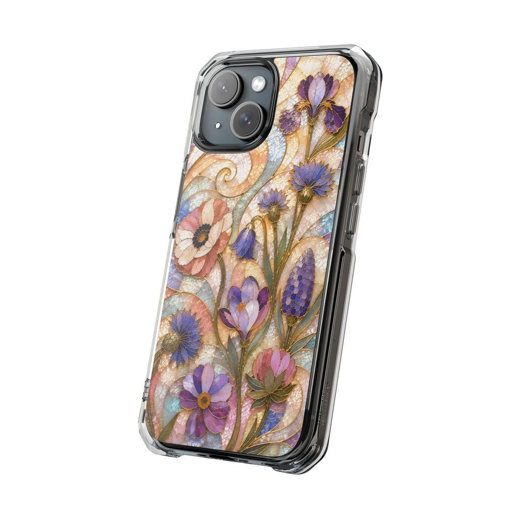 Floral Stained Glass Clear Magnetic Phone Case — Purple Wildflower Design