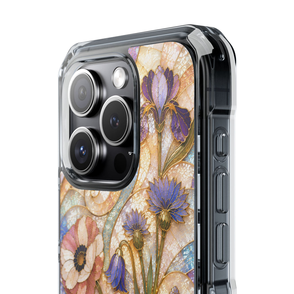 Floral Stained Glass Clear Magnetic Phone Case — Purple Wildflower Design