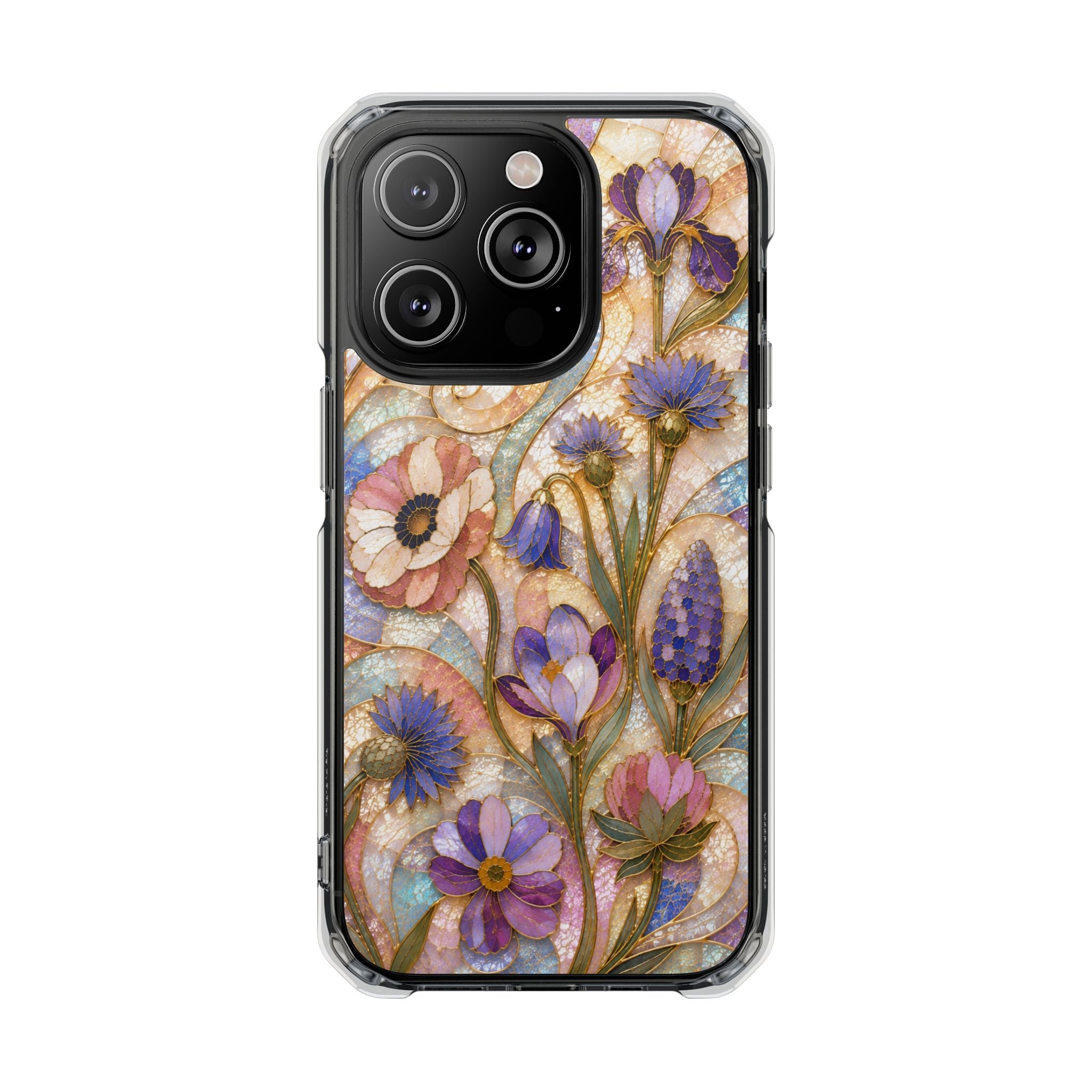 Floral Stained Glass Clear Magnetic Phone Case — Purple Wildflower Design