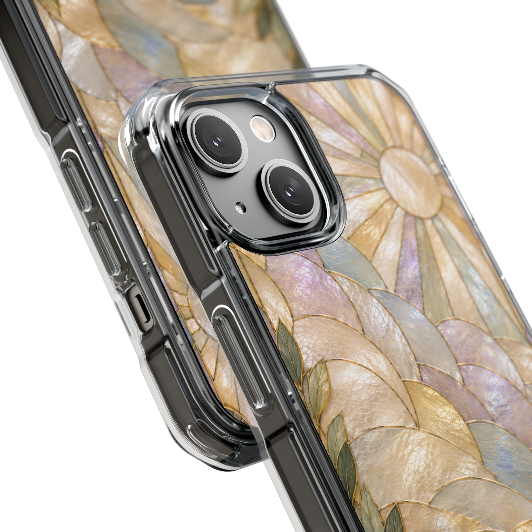 Clear MagSafe Phone Case — Pastel Stained-Glass Sun & Leaves