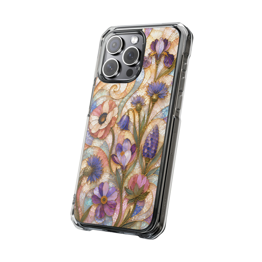 Floral Stained Glass Clear Magnetic Phone Case — Purple Wildflower Design