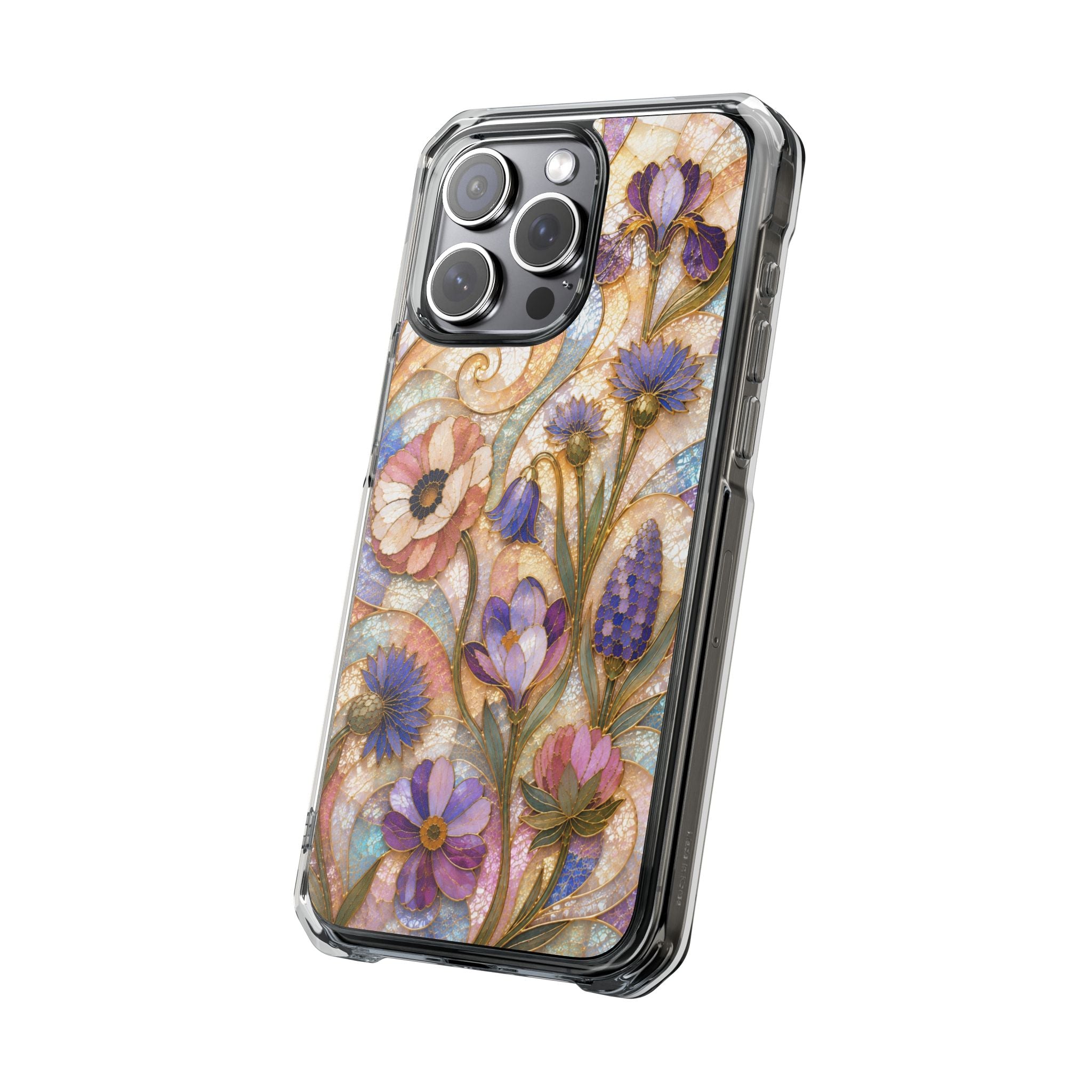 Floral Stained Glass Clear Magnetic Phone Case — Purple Wildflower Design