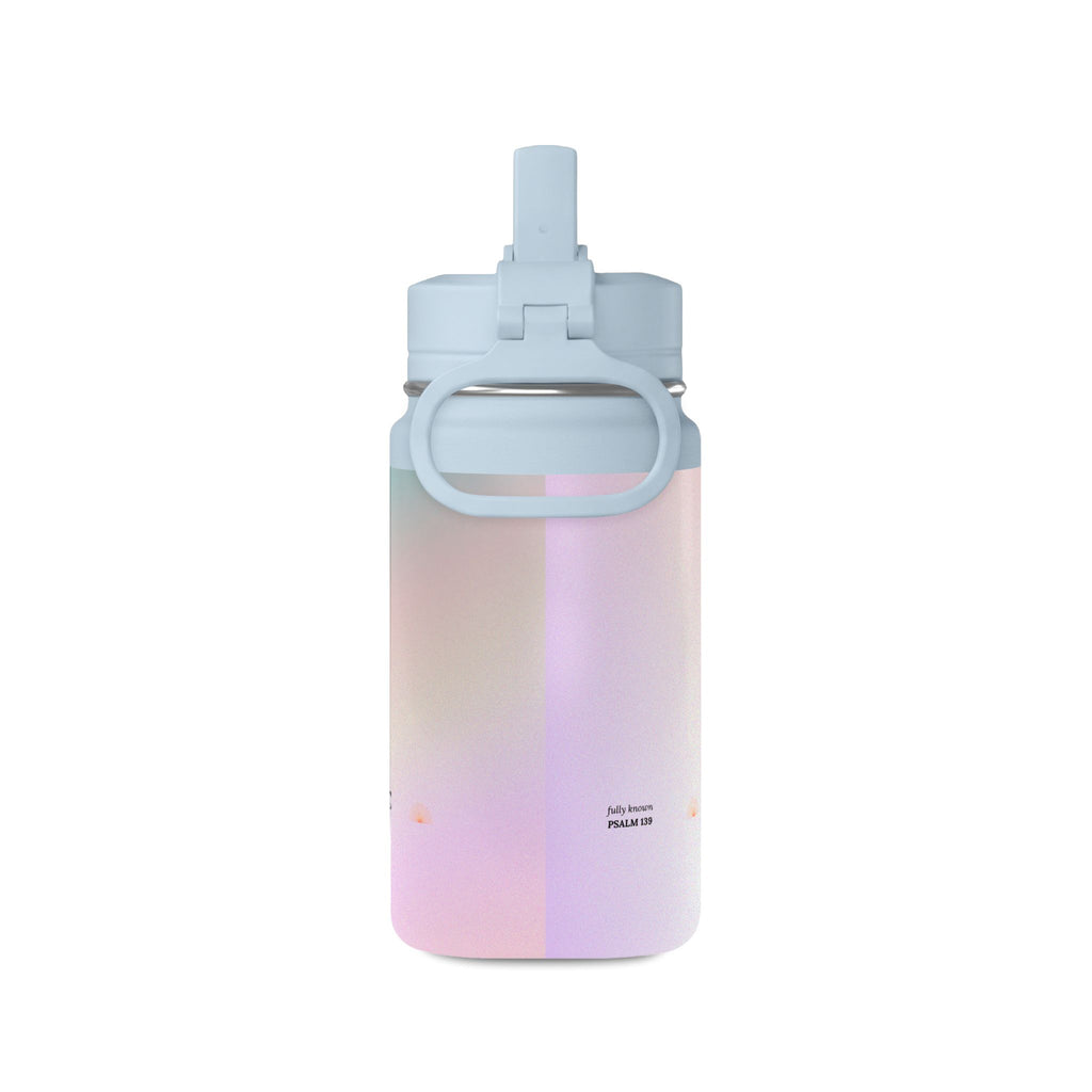 Fully Known Psalm 139 Water Bottle with Straw, 14 oz Pink Blue Ombre Reusable Bottle, Faith Gift for Girls