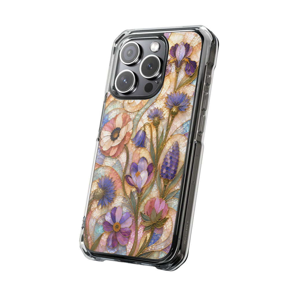 Floral Stained Glass Clear Magnetic Phone Case — Purple Wildflower Design