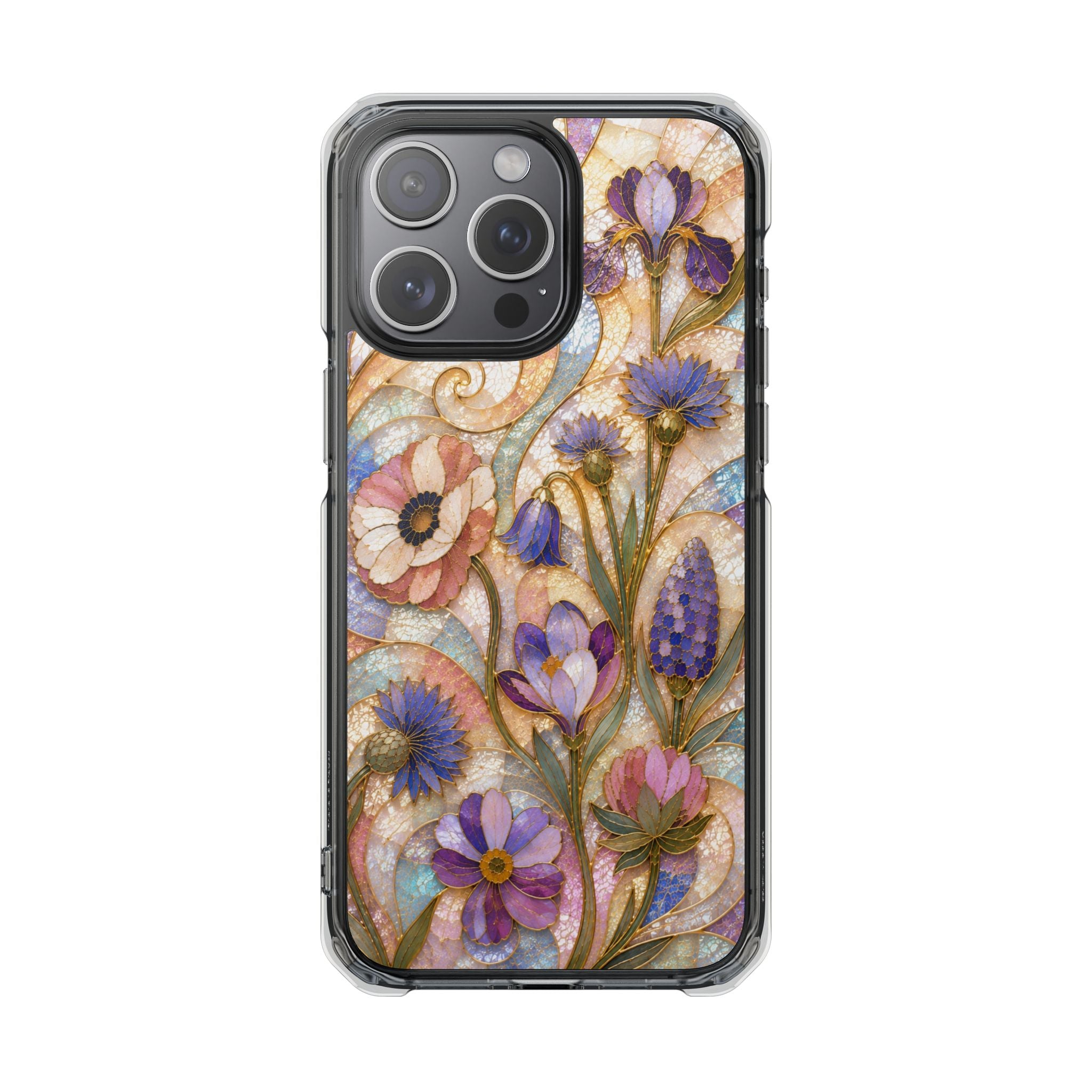 Floral Stained Glass Clear Magnetic Phone Case — Purple Wildflower Design