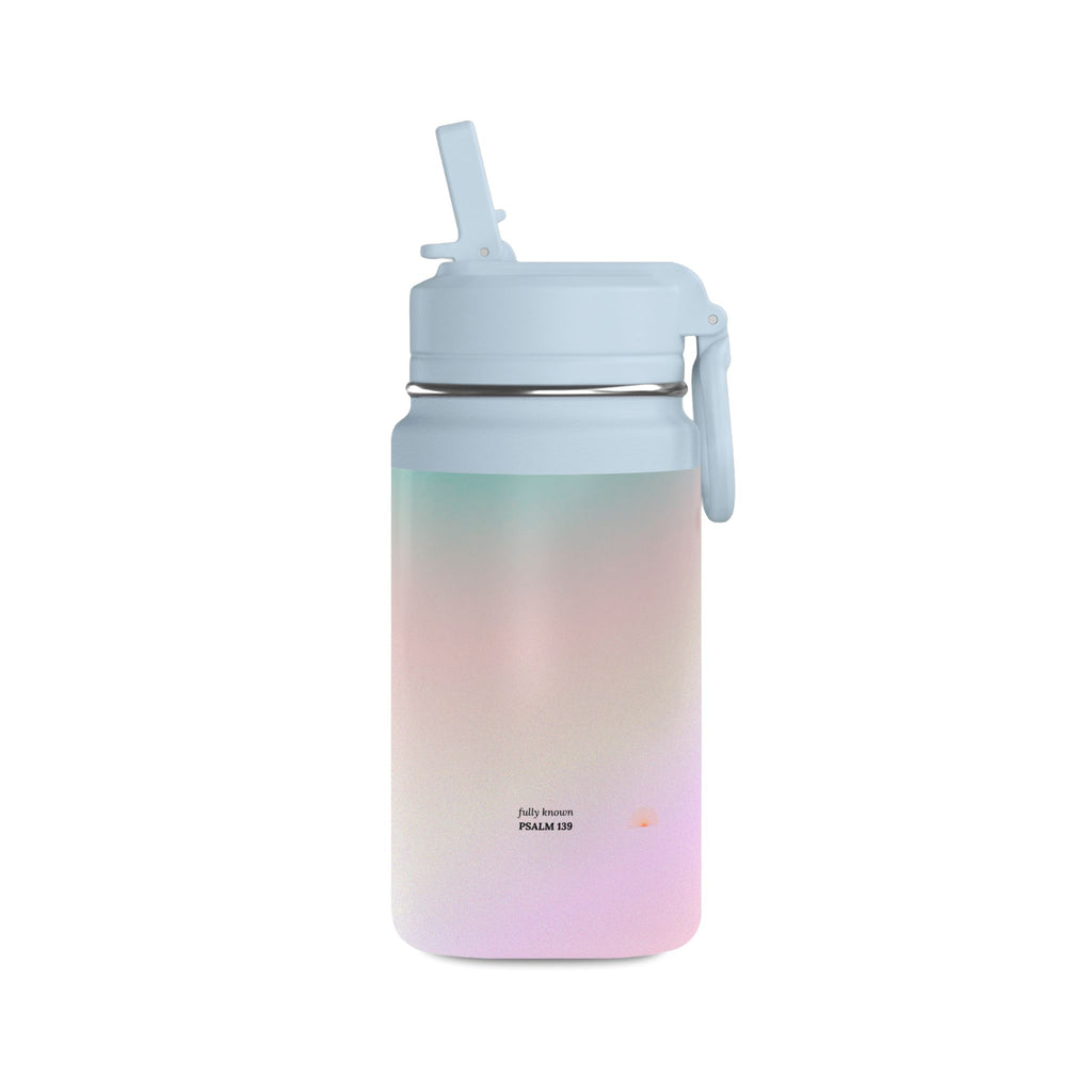 Fully Known Psalm 139 Water Bottle with Straw, 14 oz Pink Blue Ombre Reusable Bottle, Faith Gift for Girls
