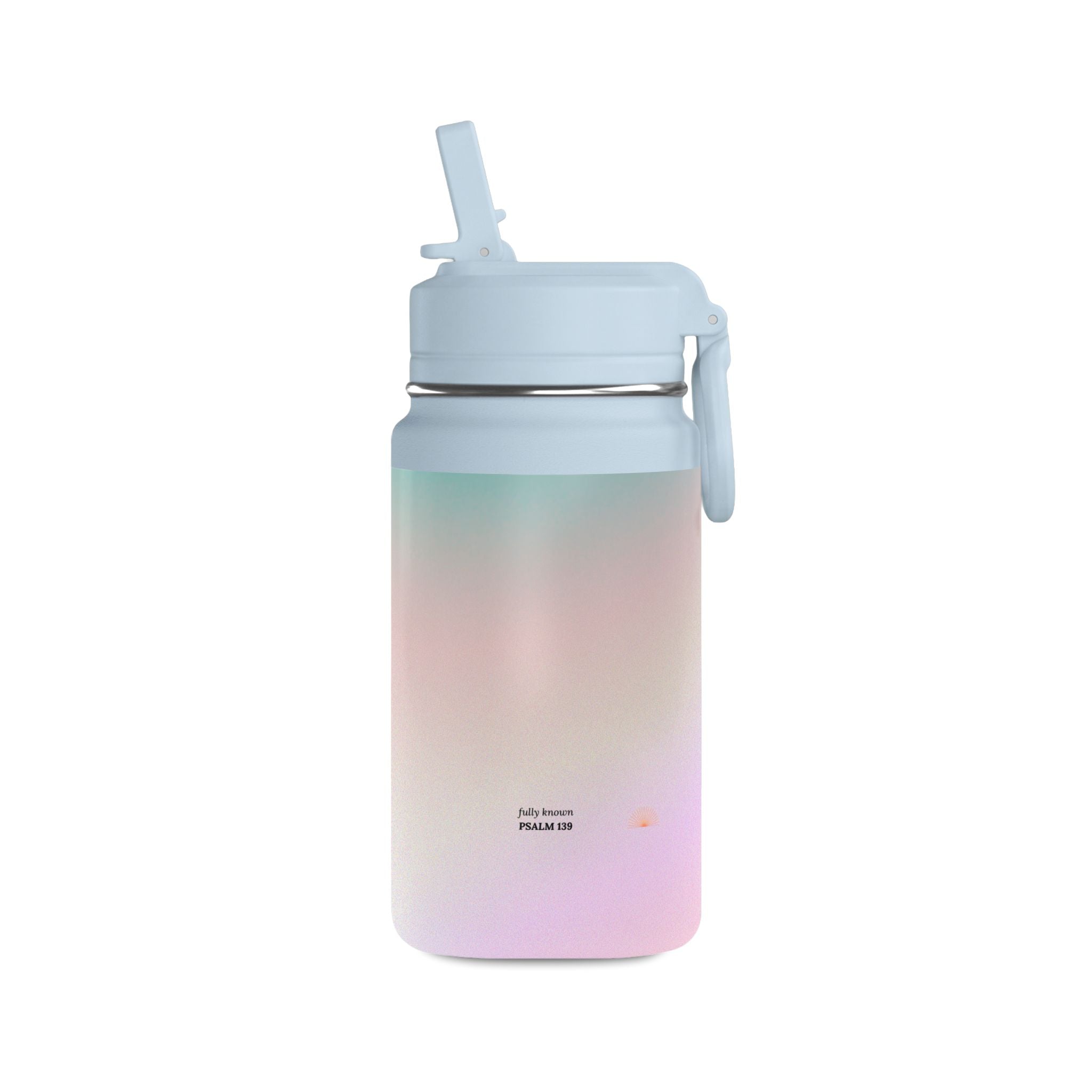 Fully Known Psalm 139 Water Bottle with Straw, 14 oz Pink Blue Ombre Reusable Bottle, Faith Gift for Girls