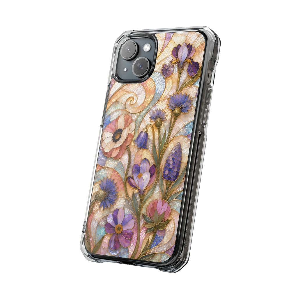 Floral Stained Glass Clear Magnetic Phone Case — Purple Wildflower Design