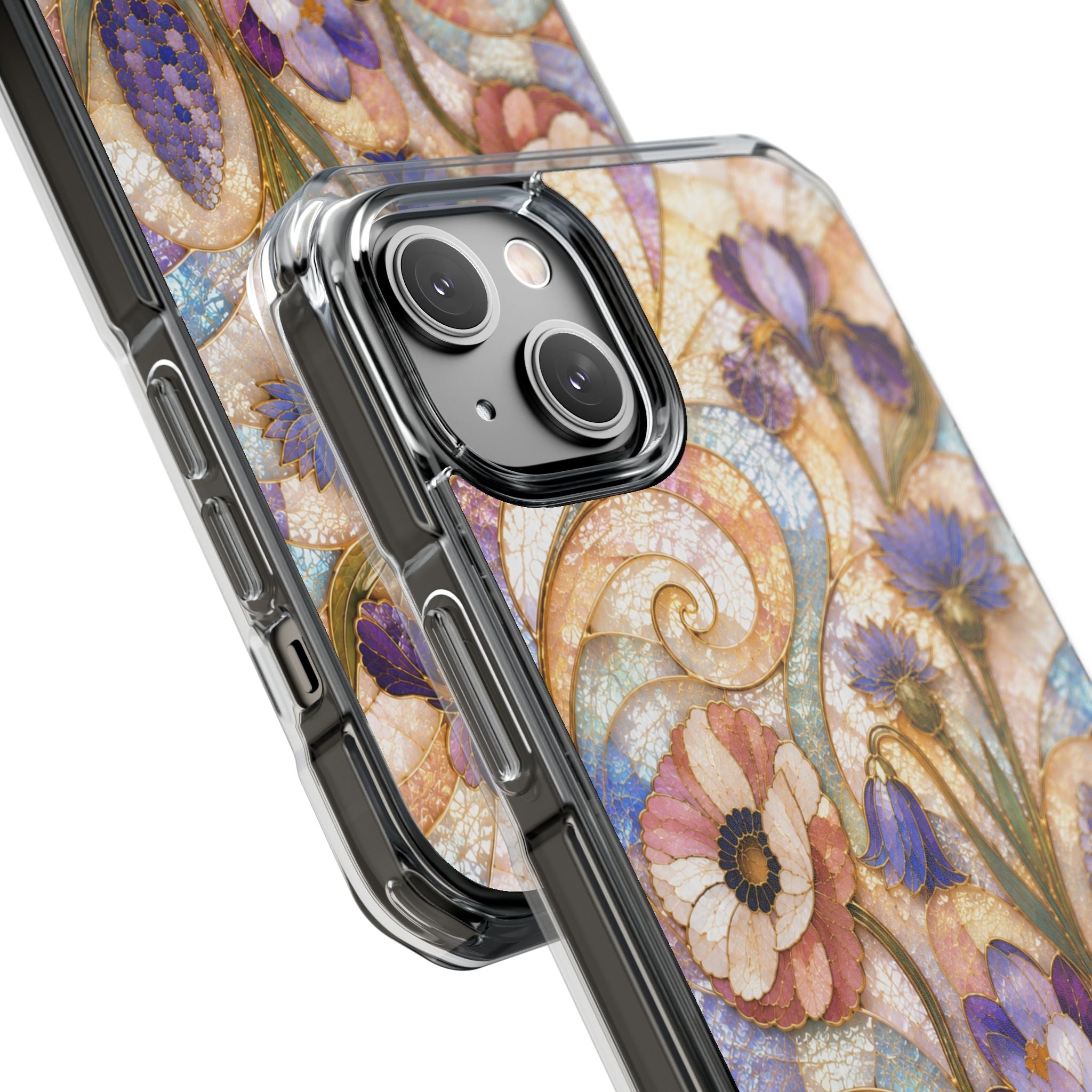 Floral Stained Glass Clear Magnetic Phone Case — Purple Wildflower Design