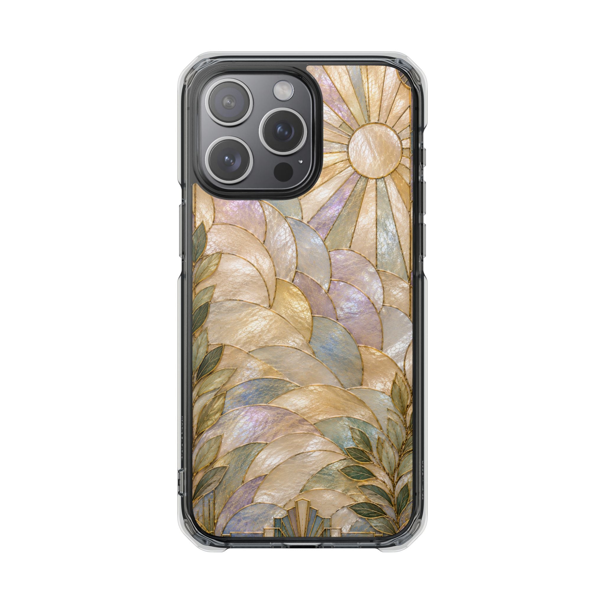 Clear MagSafe Phone Case — Pastel Stained-Glass Sun & Leaves