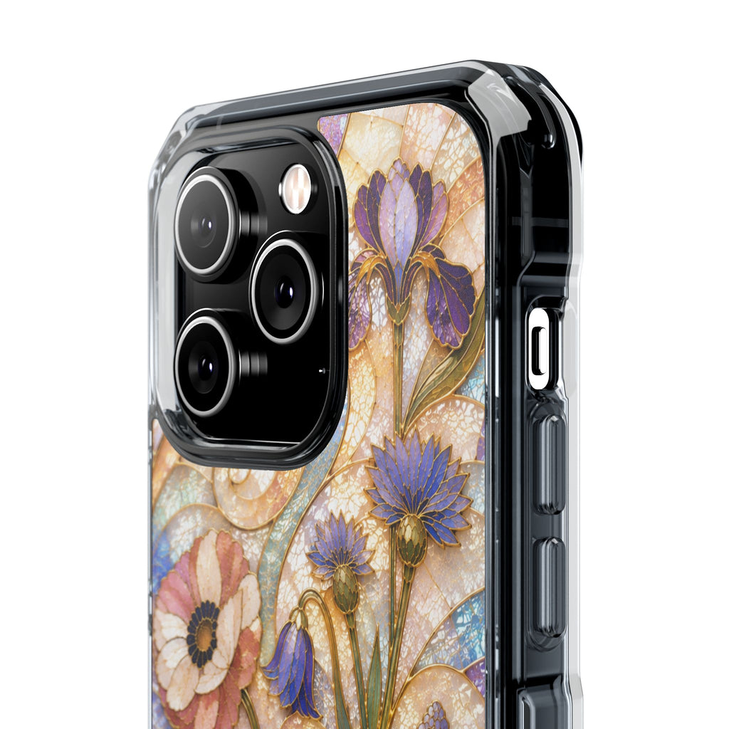 Floral Stained Glass Clear Magnetic Phone Case — Purple Wildflower Design
