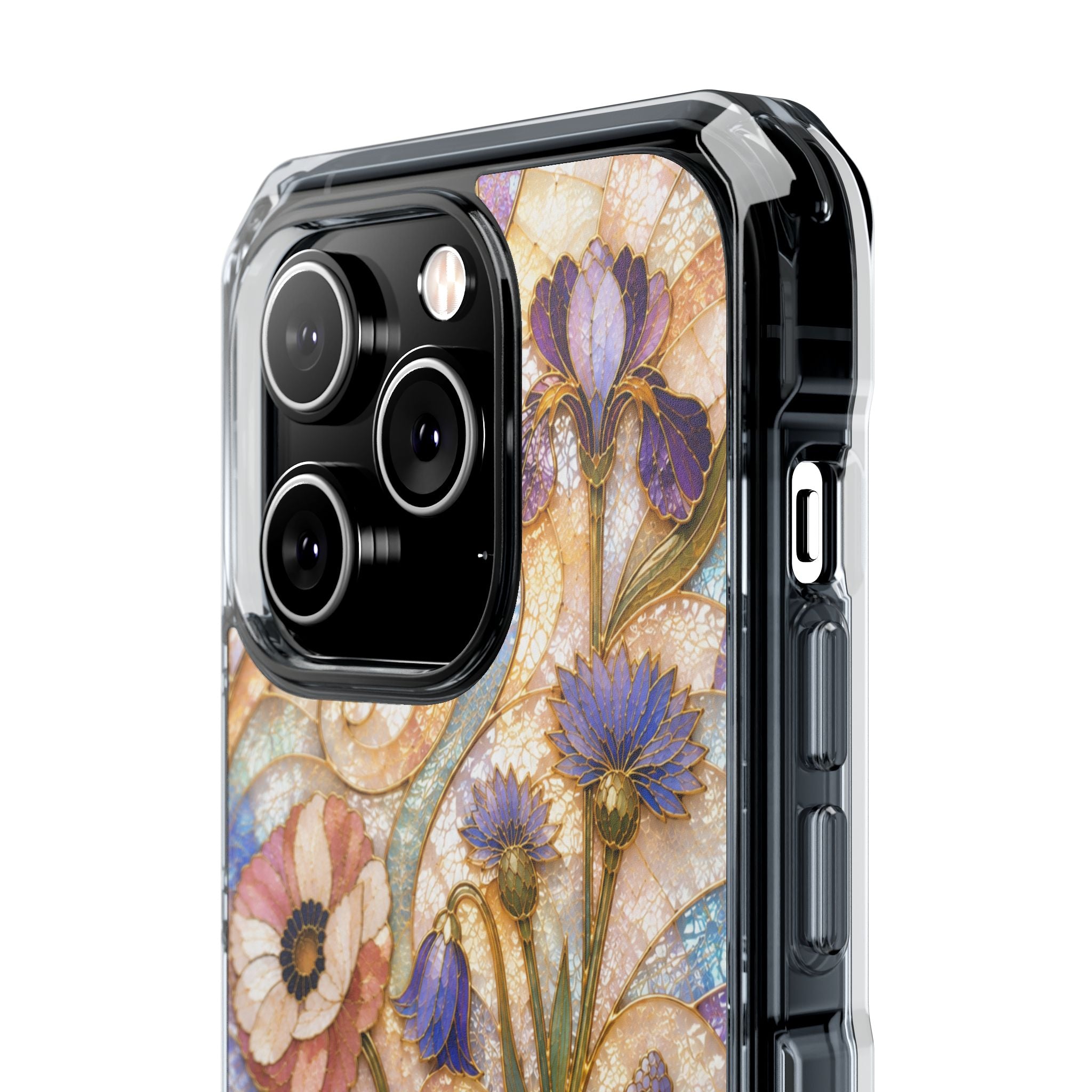 Floral Stained Glass Clear Magnetic Phone Case — Purple Wildflower Design