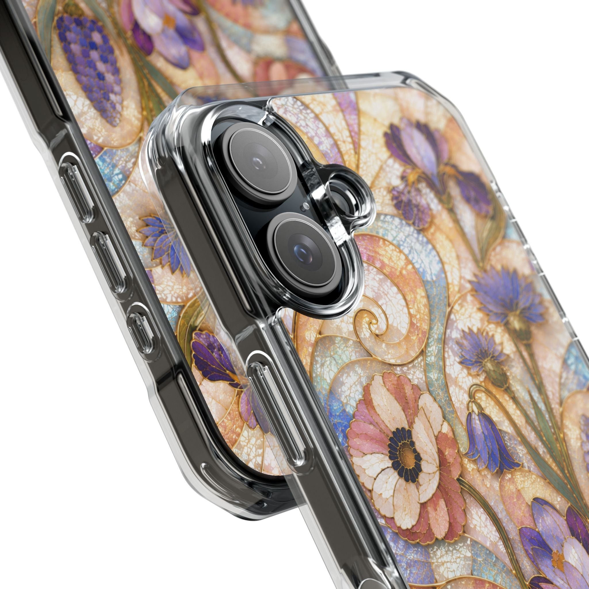 Floral Stained Glass Clear Magnetic Phone Case — Purple Wildflower Design