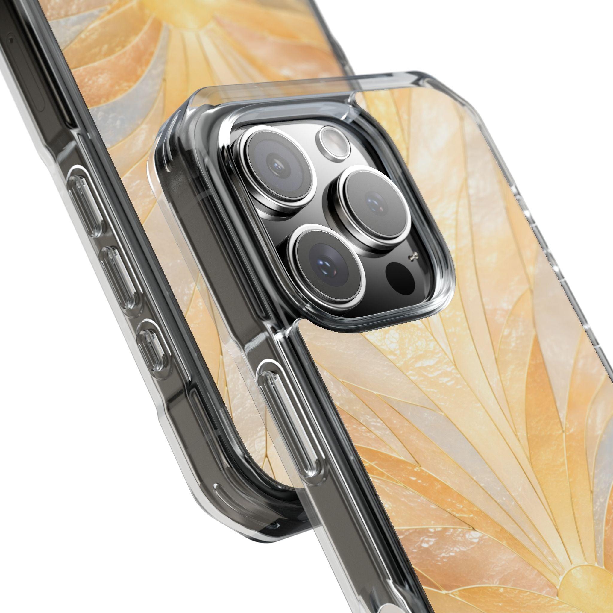 Clear Magnetic Phone Case — Golden Pearl Floral Design, Impact-Resistant iPhone Cover