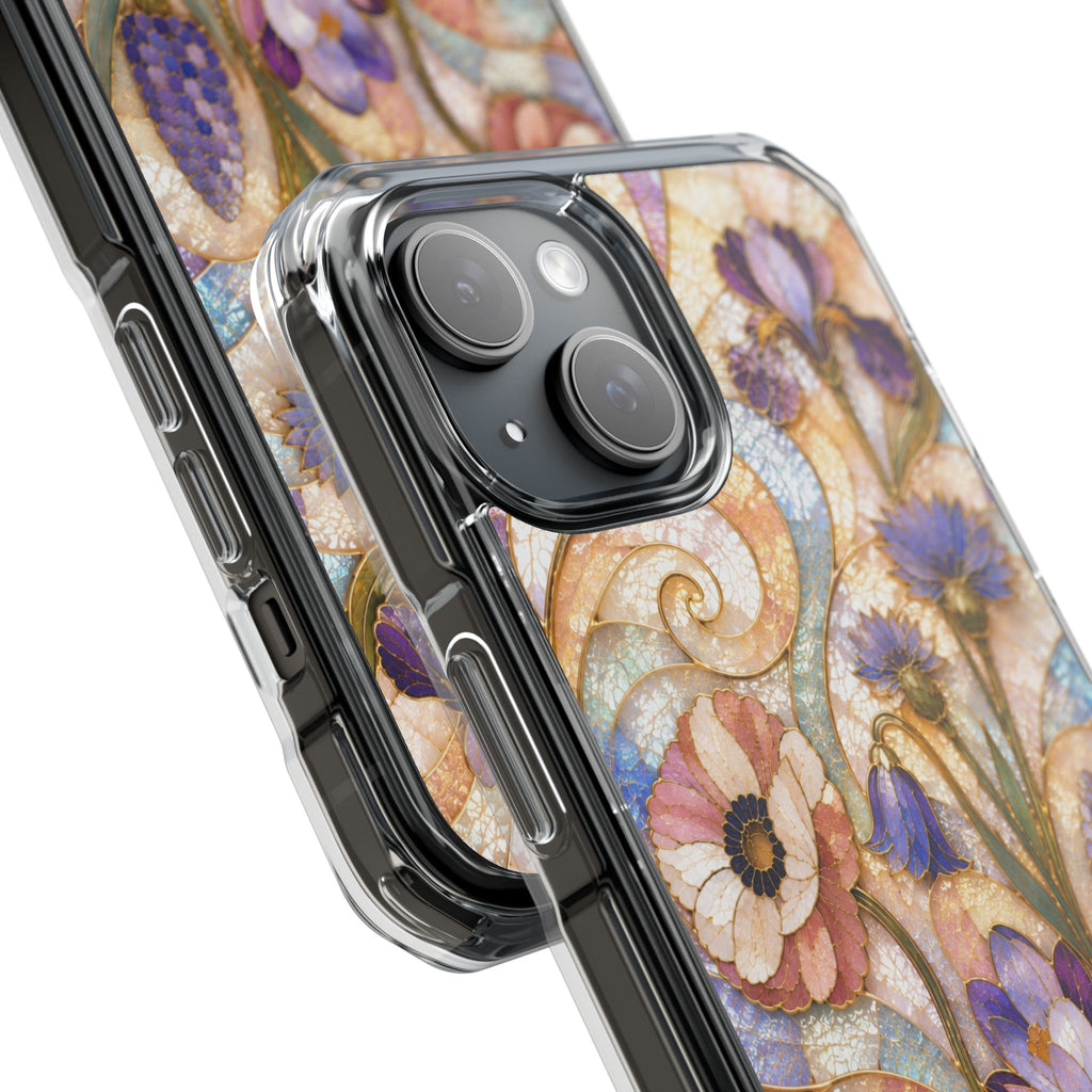 Floral Stained Glass Clear Magnetic Phone Case — Purple Wildflower Design
