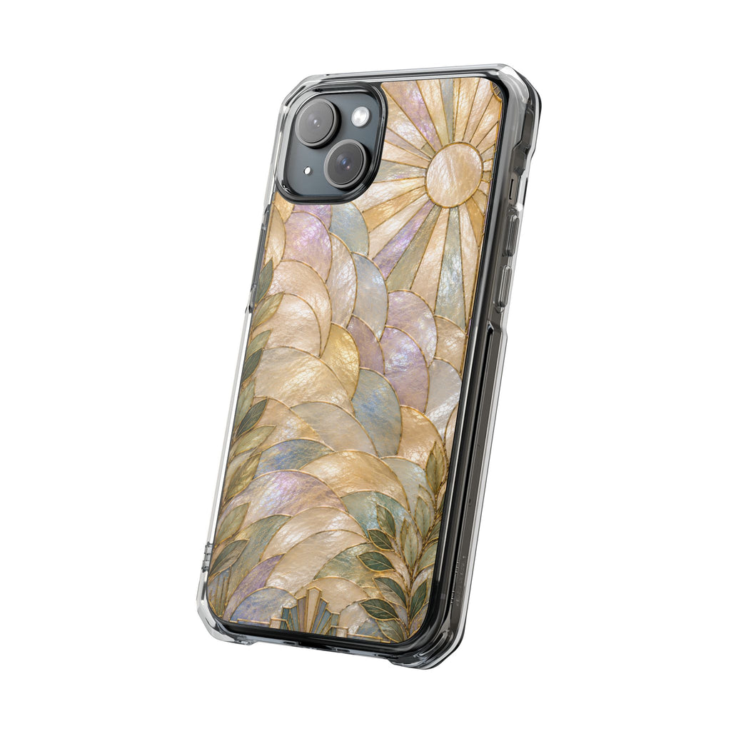 Clear MagSafe Phone Case — Pastel Stained-Glass Sun & Leaves