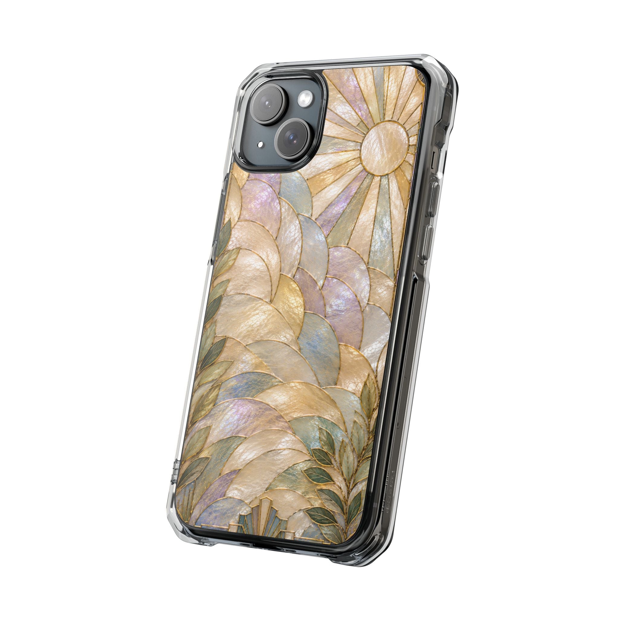 Clear MagSafe Phone Case — Pastel Stained-Glass Sun & Leaves