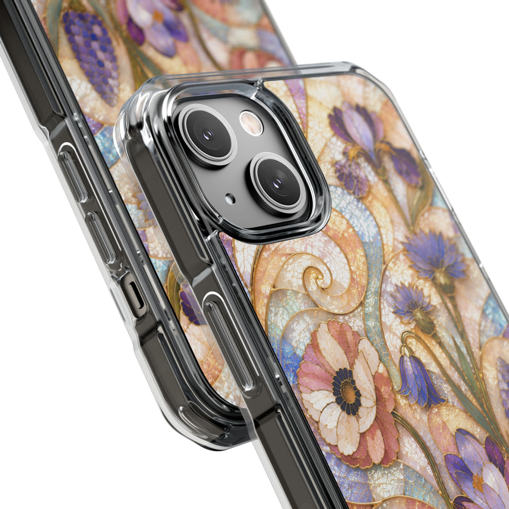 Floral Stained Glass Clear Magnetic Phone Case — Purple Wildflower Design