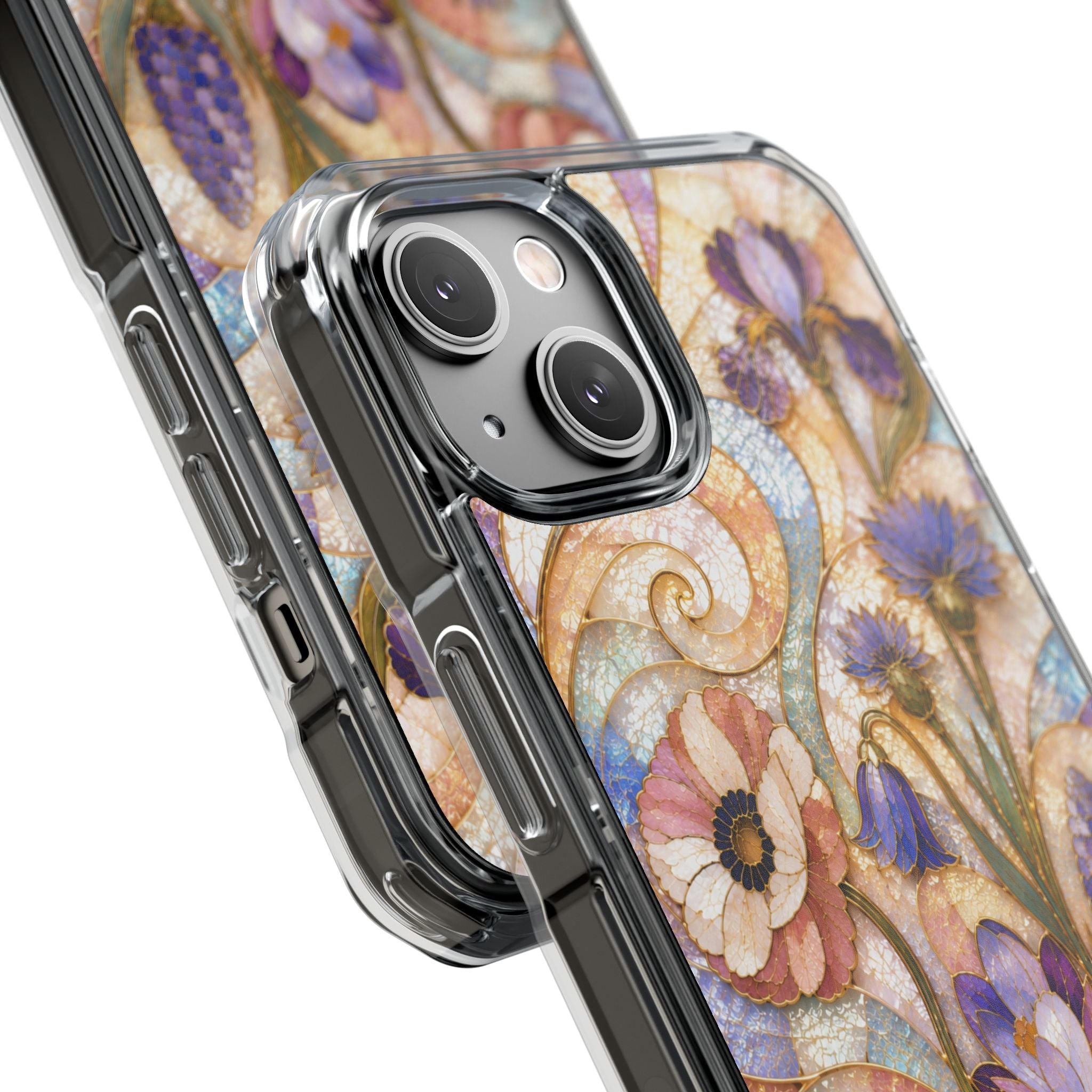 Floral Stained Glass Clear Magnetic Phone Case — Purple Wildflower Design