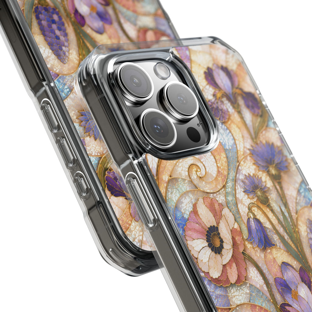 Floral Stained Glass Clear Magnetic Phone Case — Purple Wildflower Design