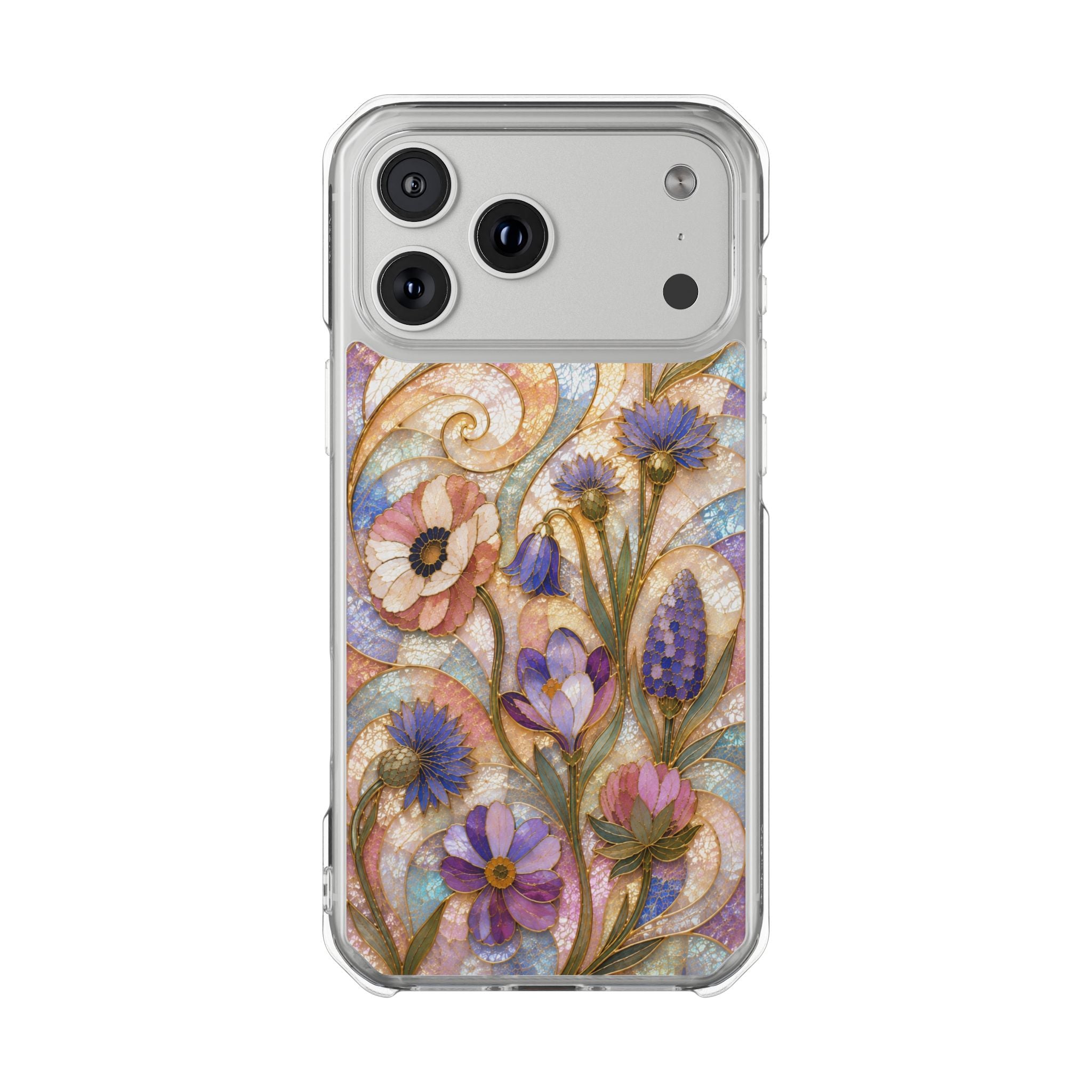 Floral Stained Glass Clear Magnetic Phone Case — Purple Wildflower Design