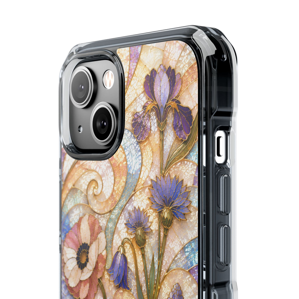 Floral Stained Glass Clear Magnetic Phone Case — Purple Wildflower Design