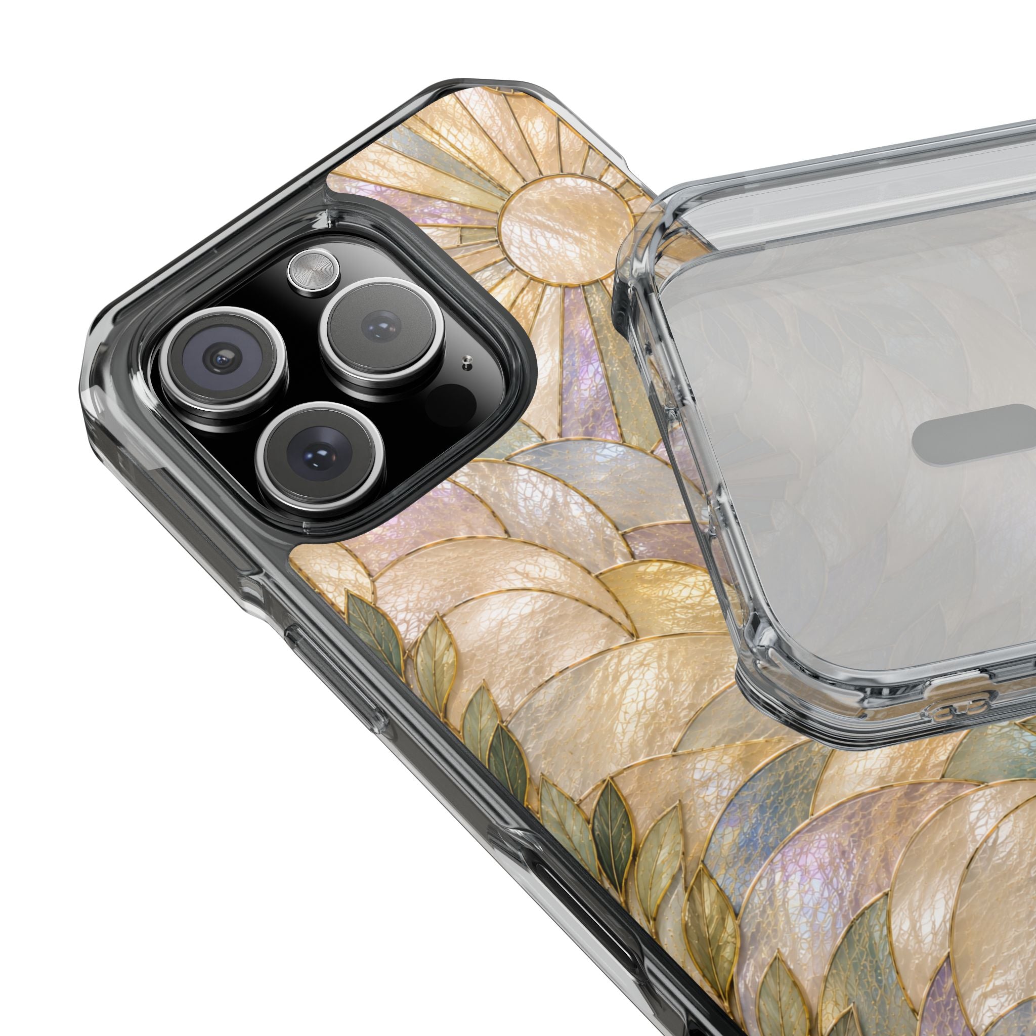 Clear MagSafe Phone Case — Pastel Stained-Glass Sun & Leaves