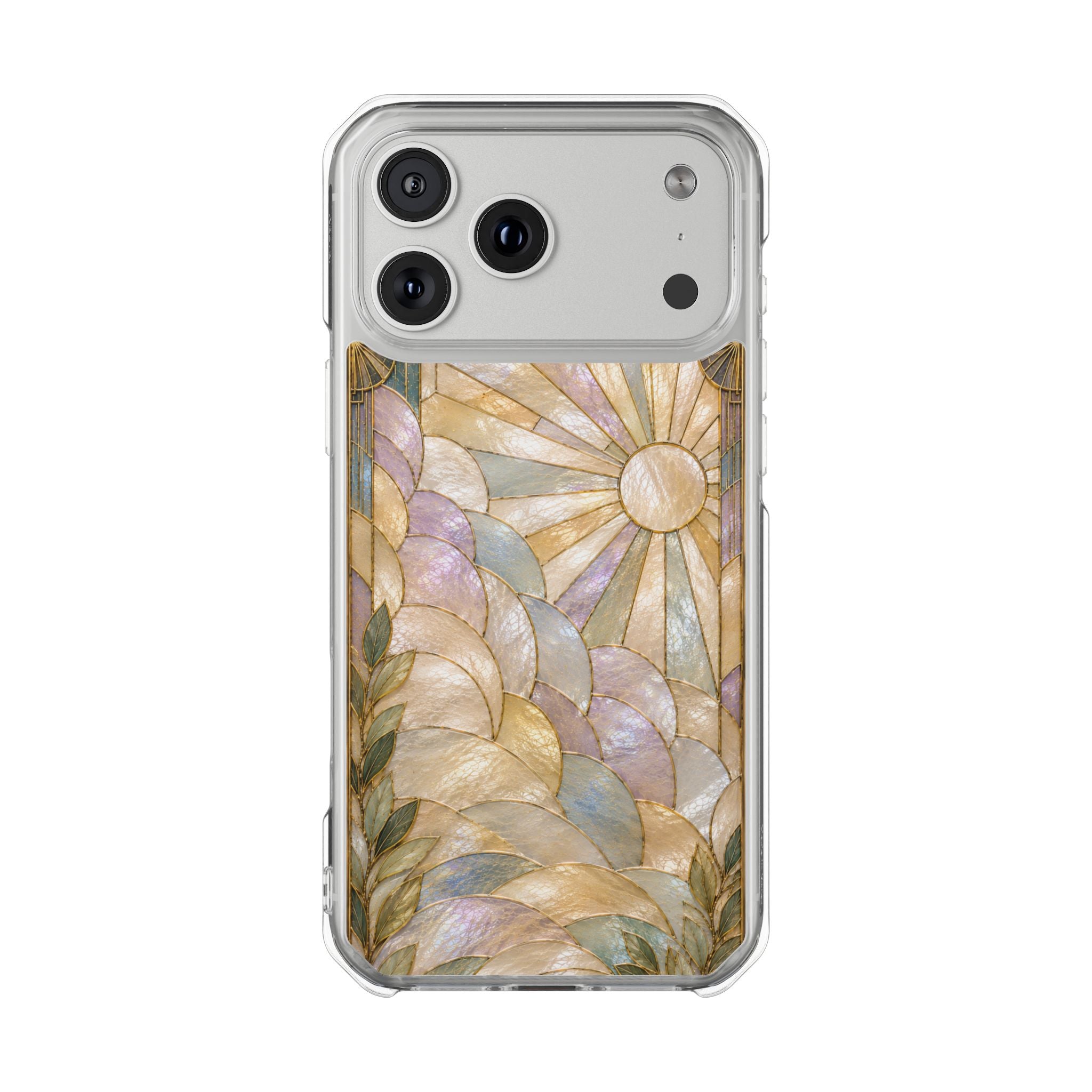 Clear MagSafe Phone Case — Pastel Stained-Glass Sun & Leaves