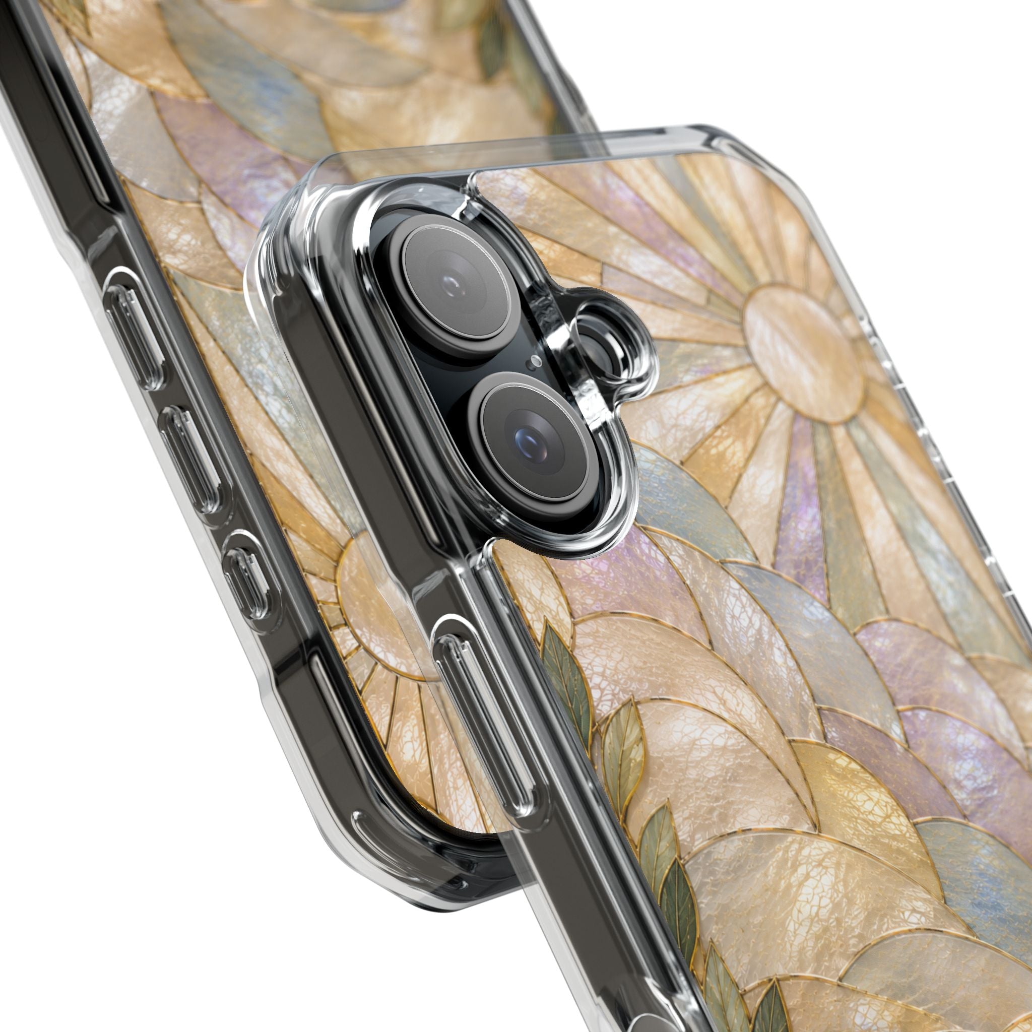 Clear MagSafe Phone Case — Pastel Stained-Glass Sun & Leaves
