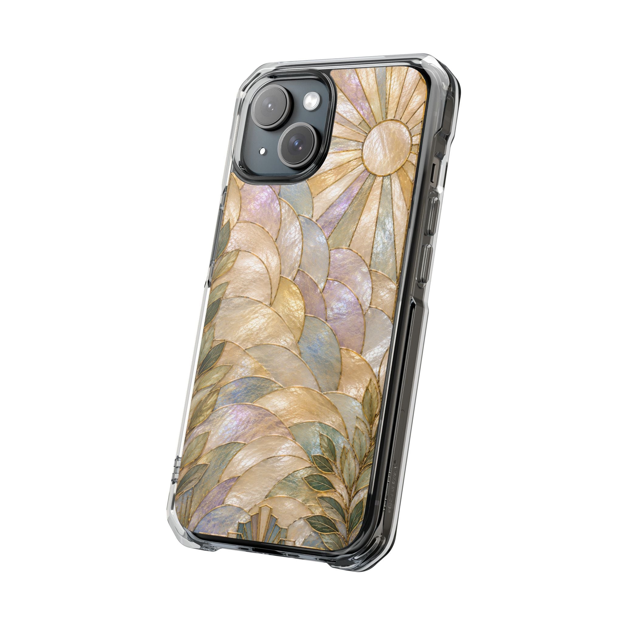 Clear MagSafe Phone Case — Pastel Stained-Glass Sun & Leaves