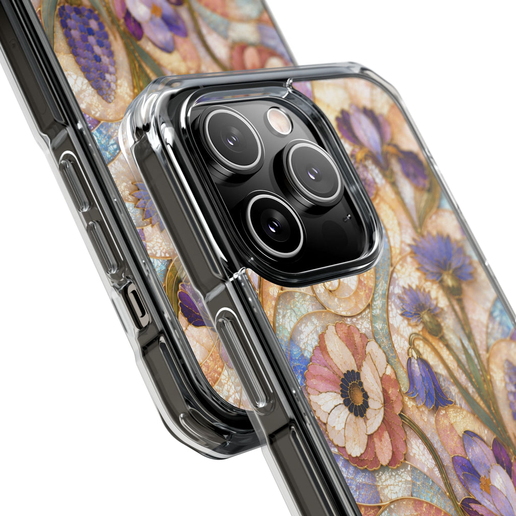 Floral Stained Glass Clear Magnetic Phone Case — Purple Wildflower Design