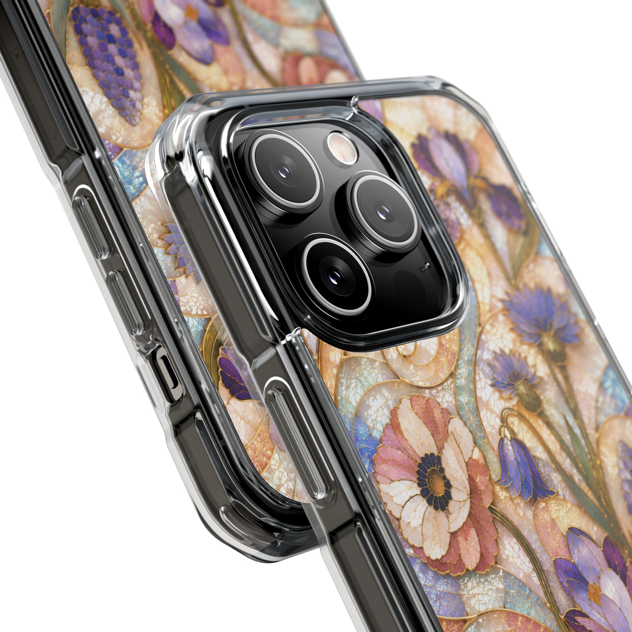 Floral Stained Glass Clear Magnetic Phone Case — Purple Wildflower Design