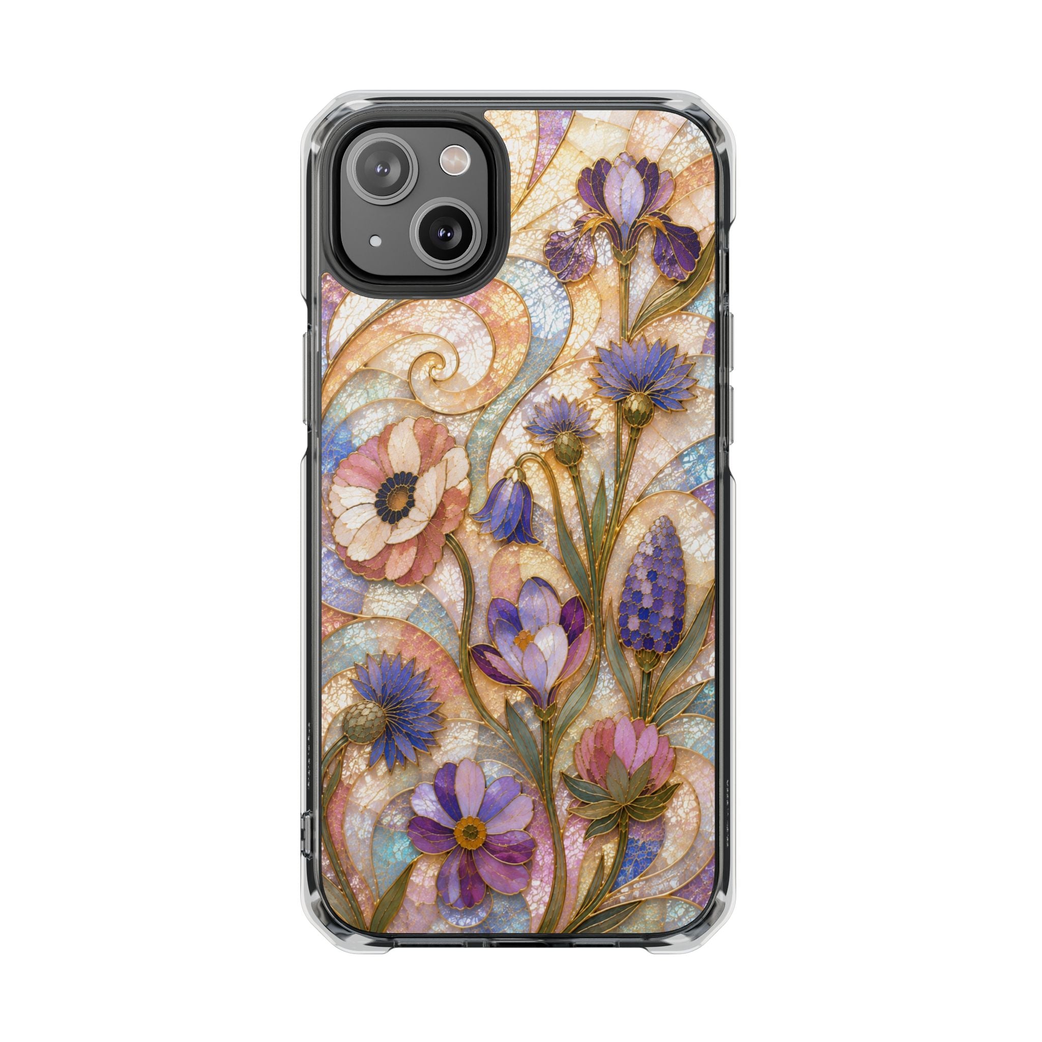 Floral Stained Glass Clear Magnetic Phone Case — Purple Wildflower Design