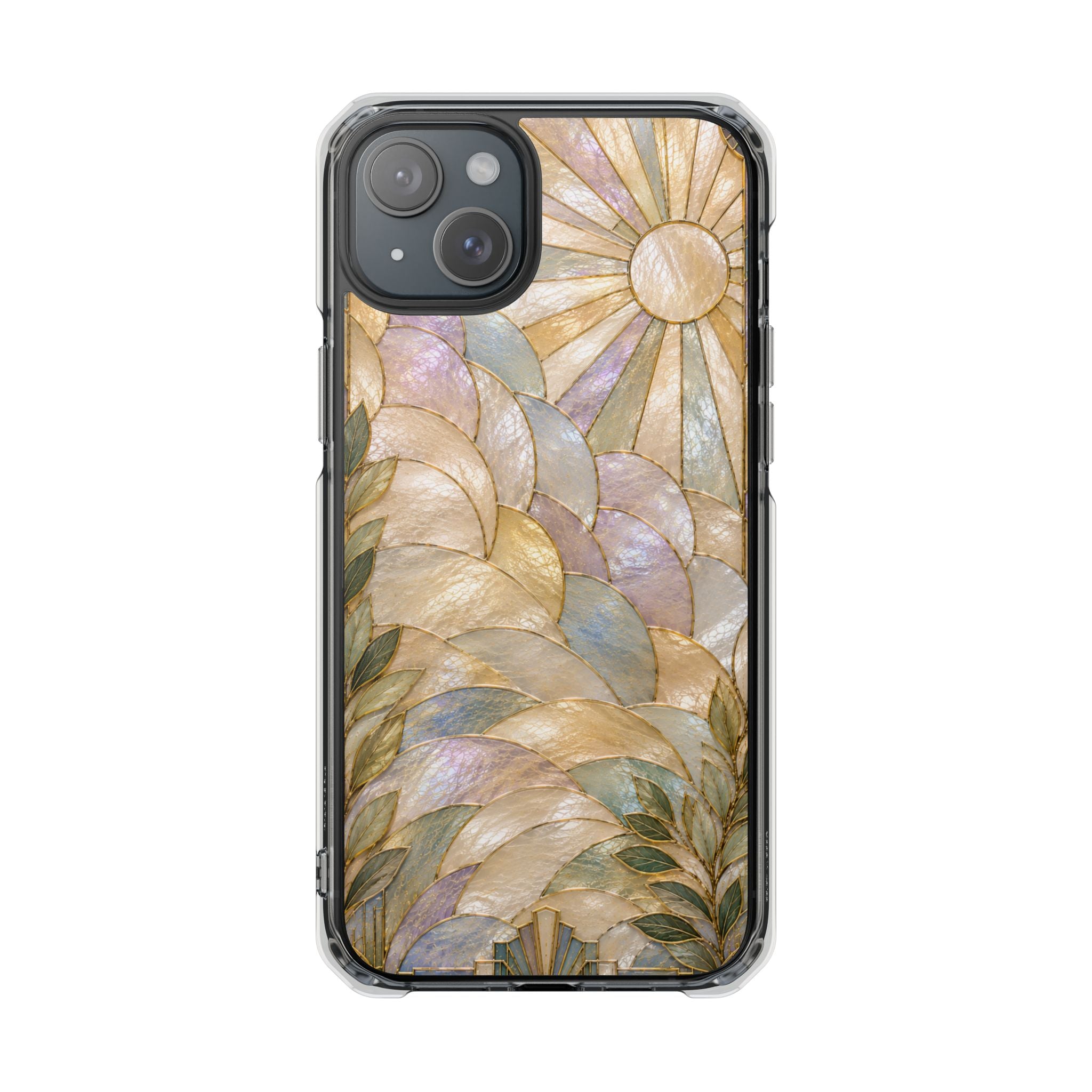 Clear MagSafe Phone Case — Pastel Stained-Glass Sun & Leaves