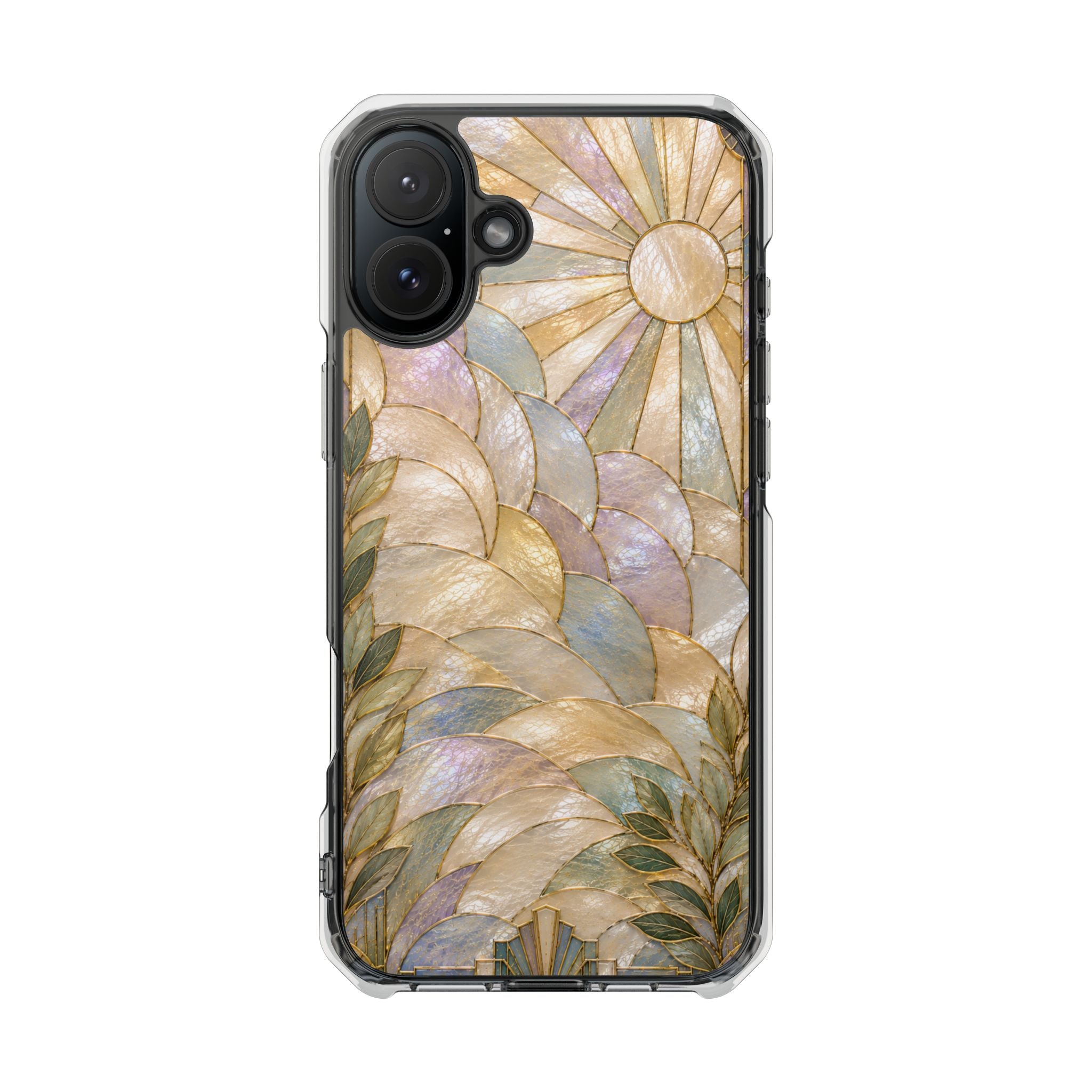 Clear MagSafe Phone Case — Pastel Stained-Glass Sun & Leaves