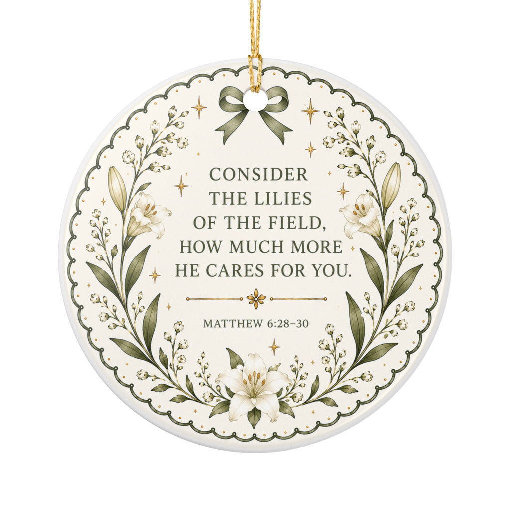 Consider the Lilies Ornament — Christian Floral Christmas Ornament, Matthew 6