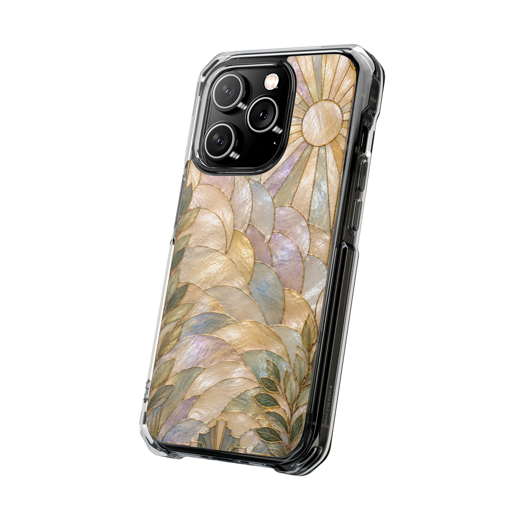 Clear MagSafe Phone Case — Pastel Stained-Glass Sun & Leaves