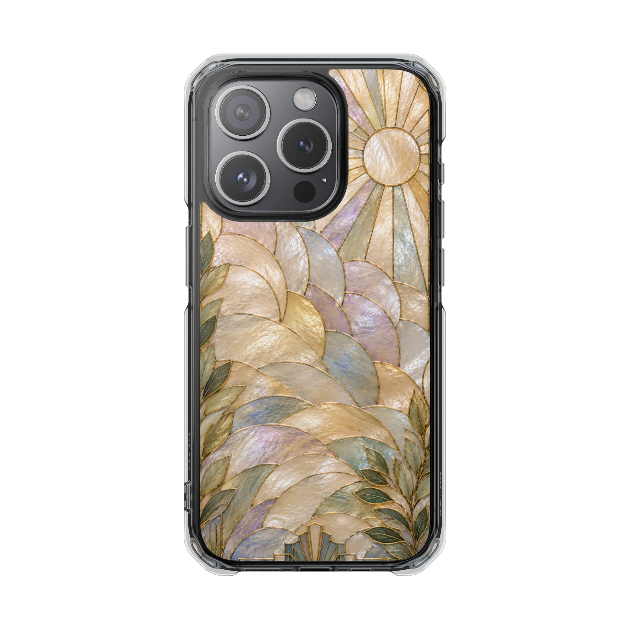 Clear MagSafe Phone Case — Pastel Stained-Glass Sun & Leaves