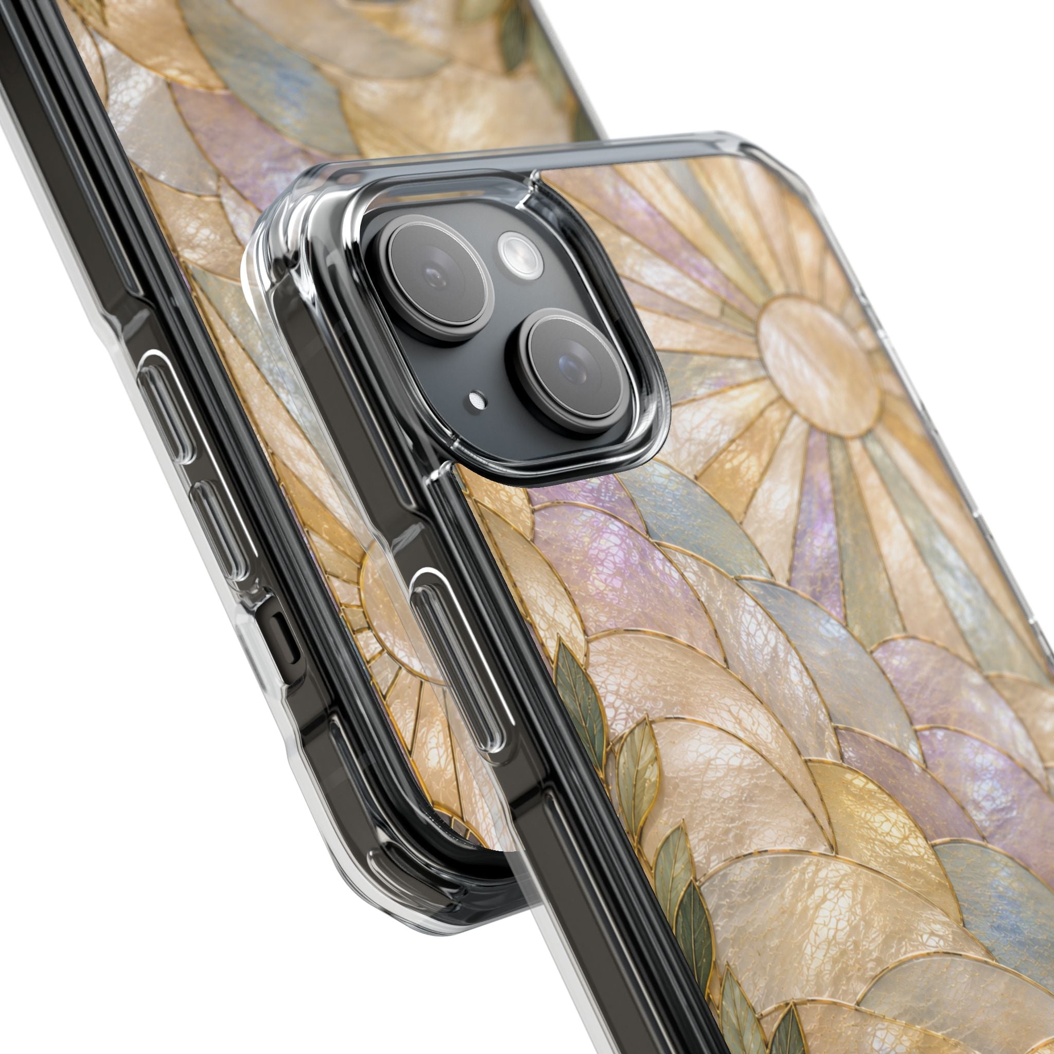 Clear MagSafe Phone Case — Pastel Stained-Glass Sun & Leaves