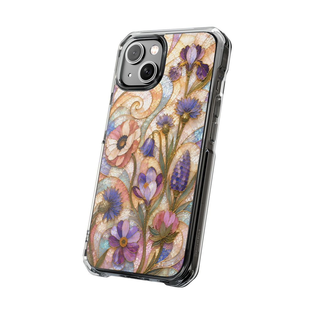 Floral Stained Glass Clear Magnetic Phone Case — Purple Wildflower Design