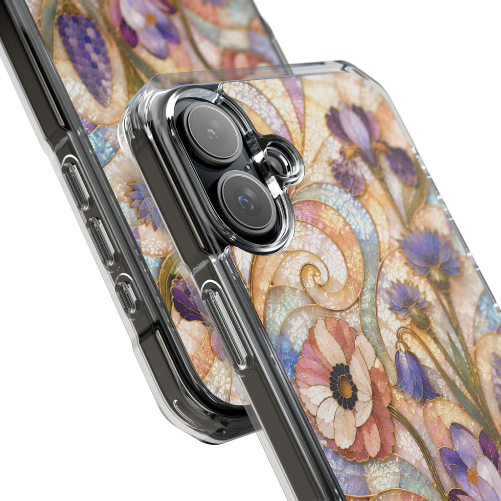 Floral Stained Glass Clear Magnetic Phone Case — Purple Wildflower Design