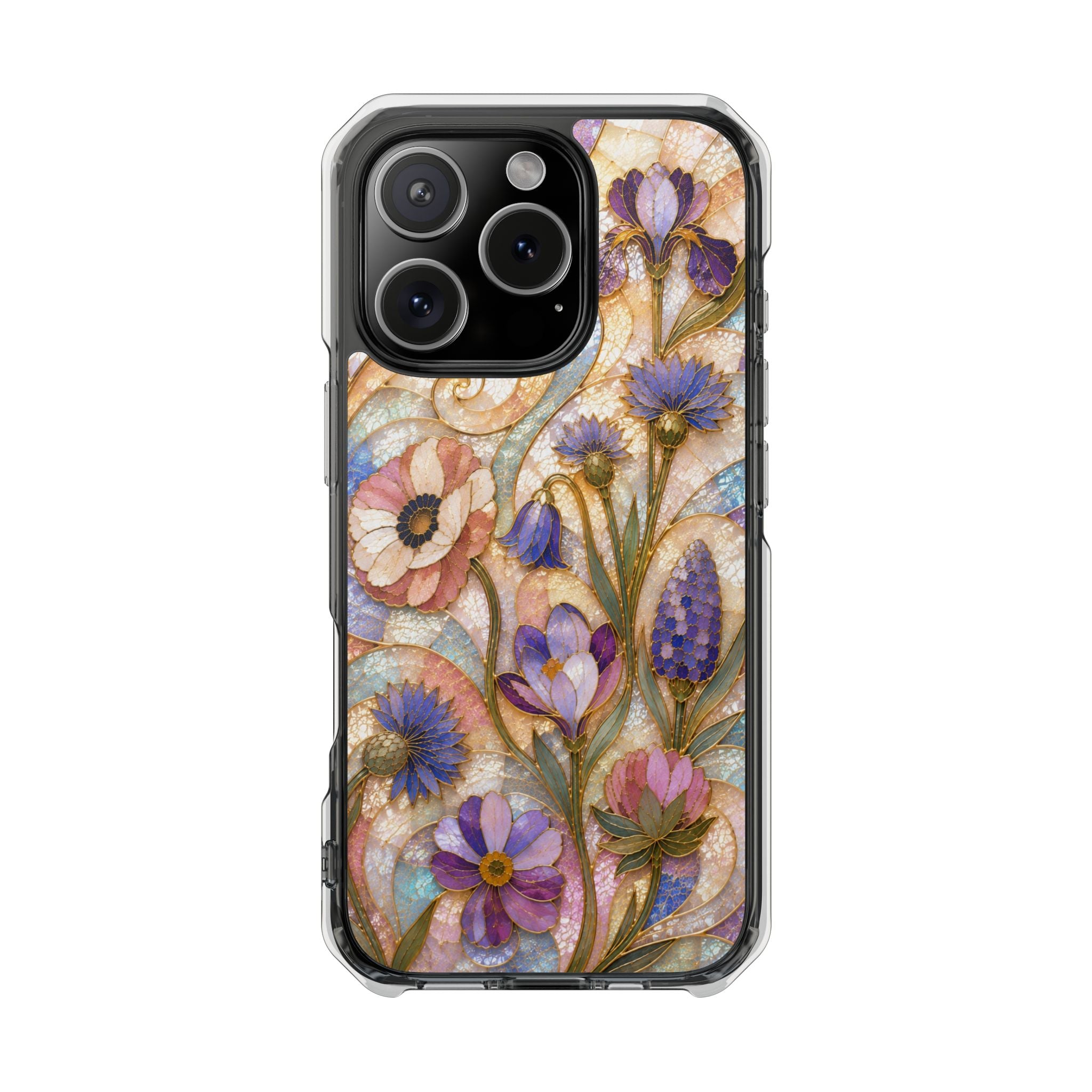 Floral Stained Glass Clear Magnetic Phone Case — Purple Wildflower Design