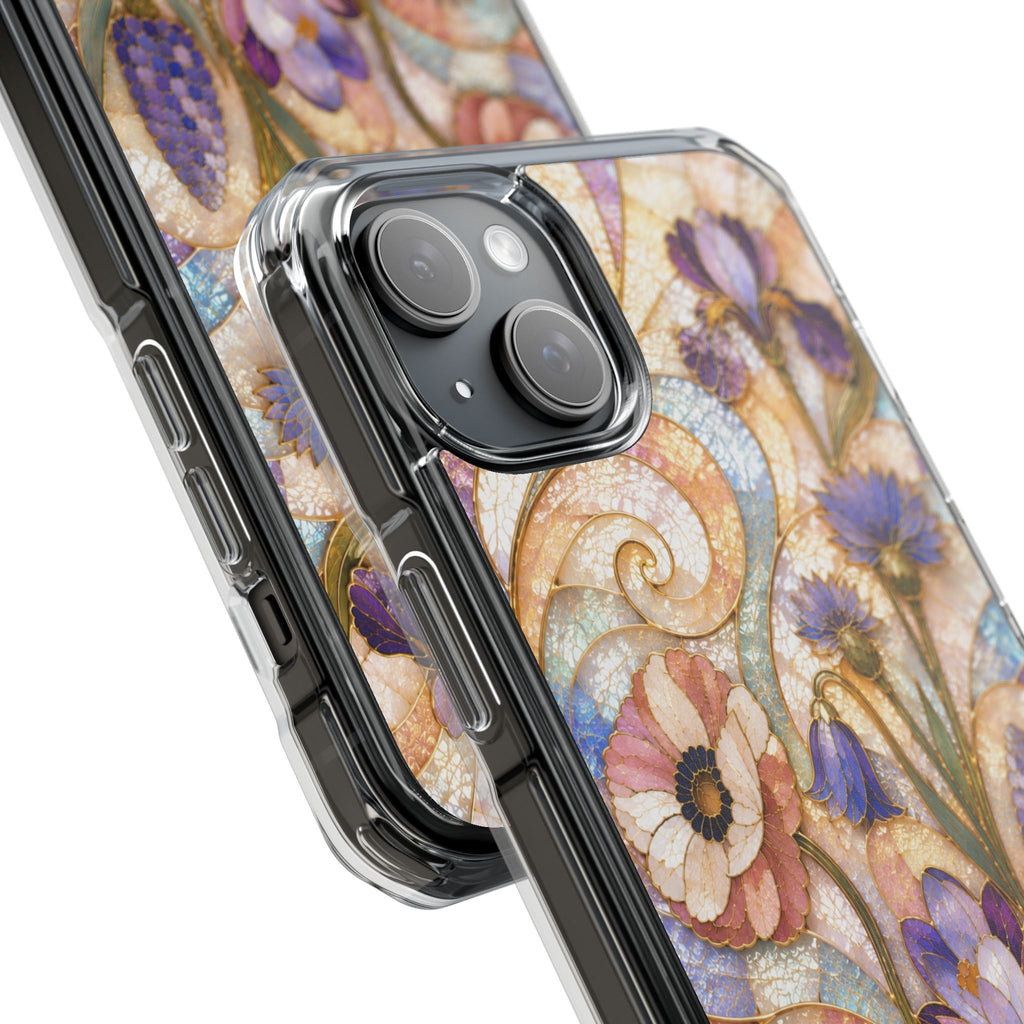 Floral Stained Glass Clear Magnetic Phone Case — Purple Wildflower Design