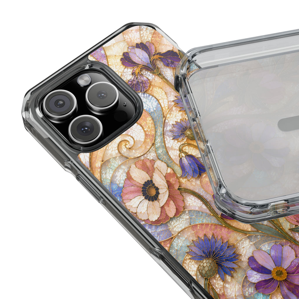 Floral Stained Glass Clear Magnetic Phone Case — Purple Wildflower Design