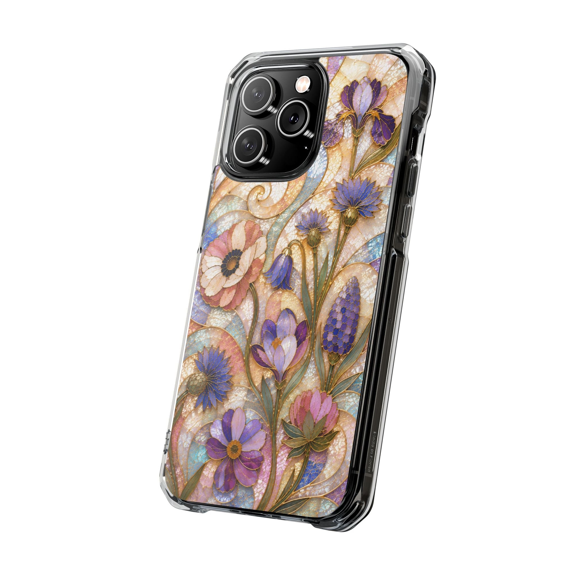 Floral Stained Glass Clear Magnetic Phone Case — Purple Wildflower Design