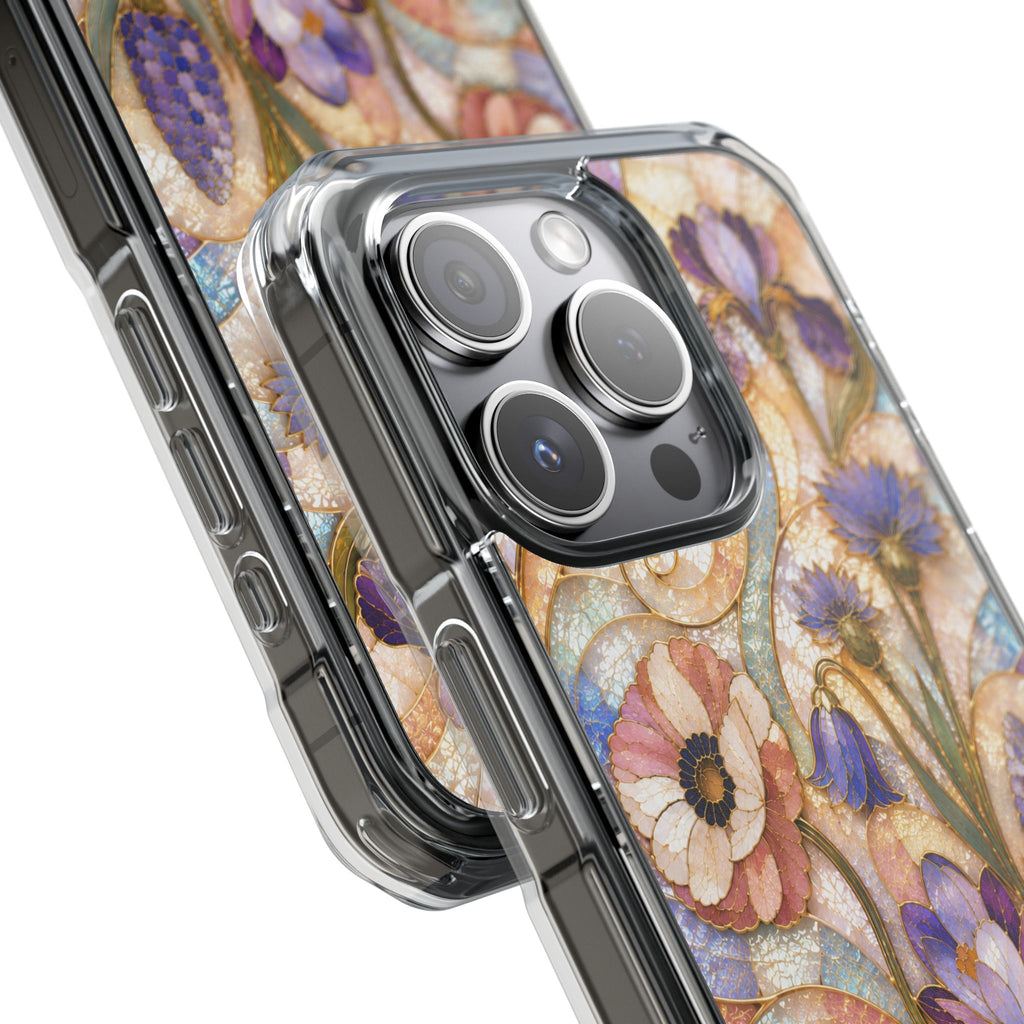 Floral Stained Glass Clear Magnetic Phone Case — Purple Wildflower Design